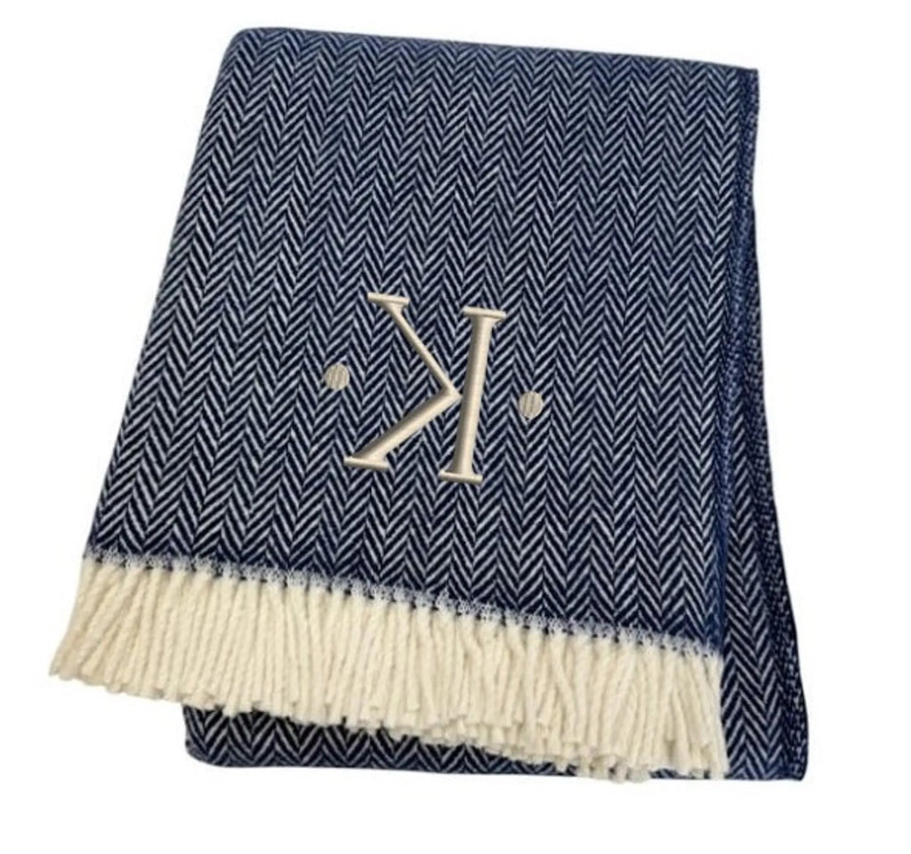 Herringbone Cotton Blend K Initial Throw Blanket with Tassels And Embroidery — view 4