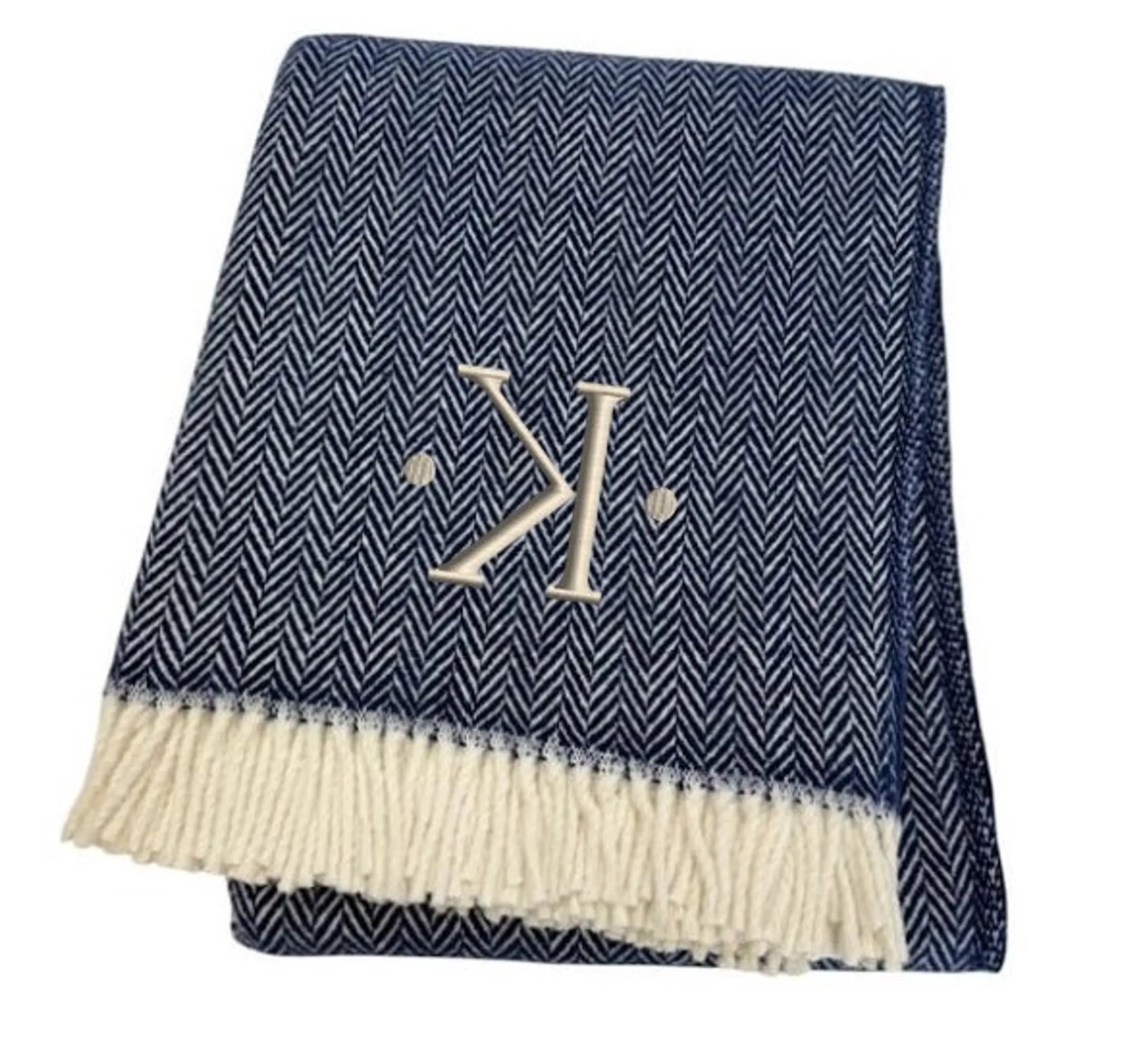 Herringbone Cotton Blend K Initial Throw Blanket with Tassels And Embroidery — view 4