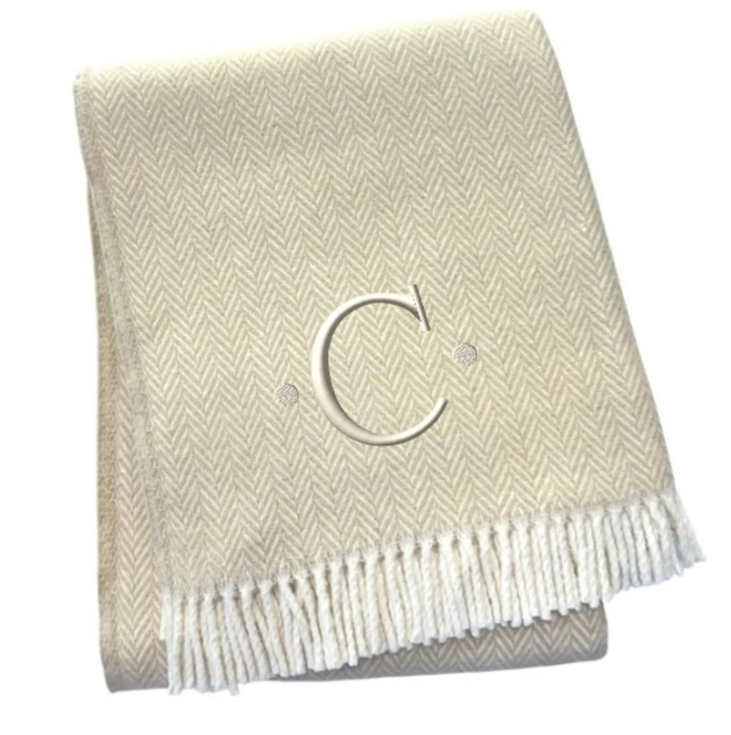 Herringbone Cotton Blend C Initial Throw Blanket with Tassels And Embroidery — view 3