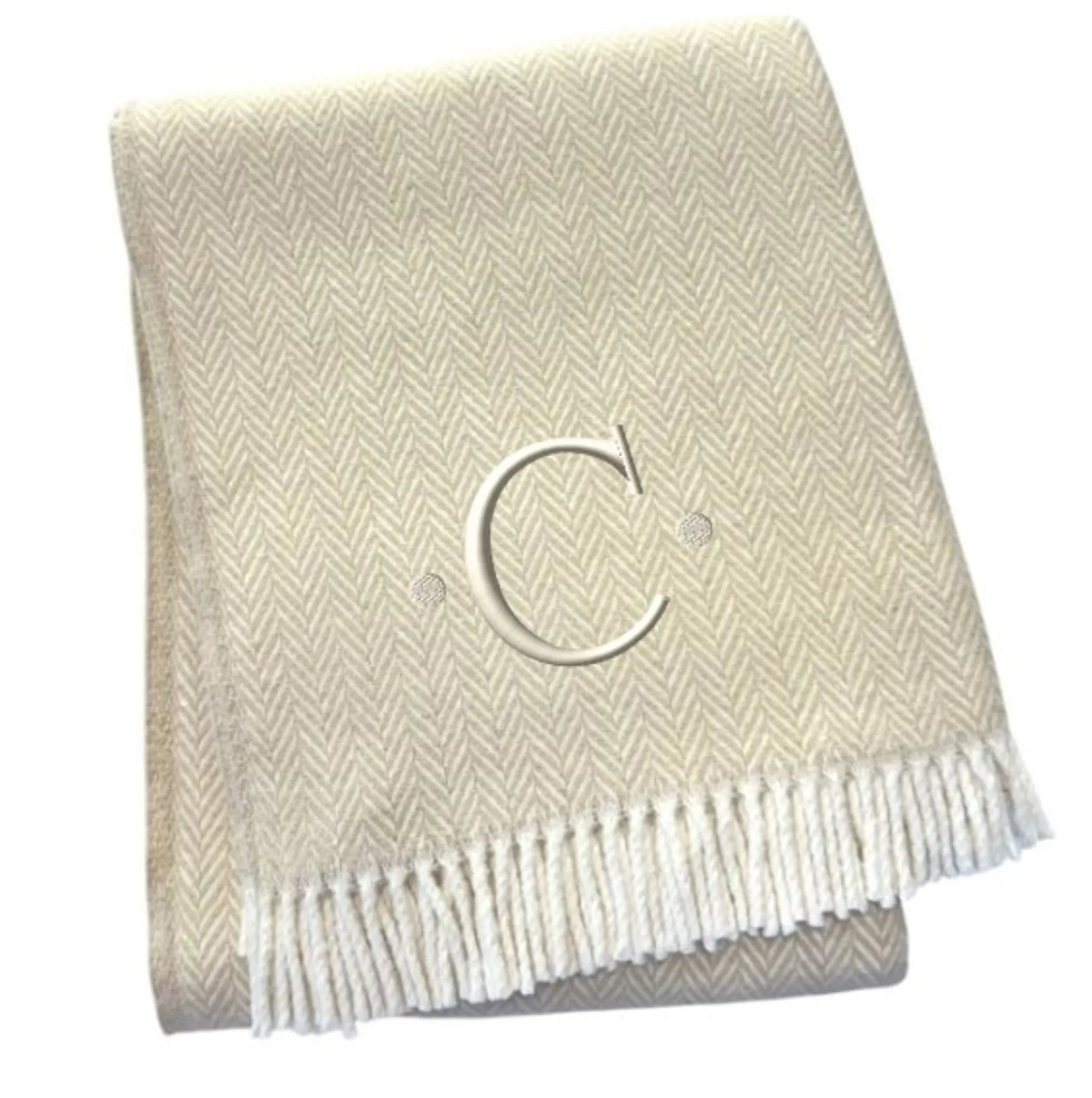 Herringbone Cotton Blend C Initial Throw Blanket with Tassels And Embroidery — view 3