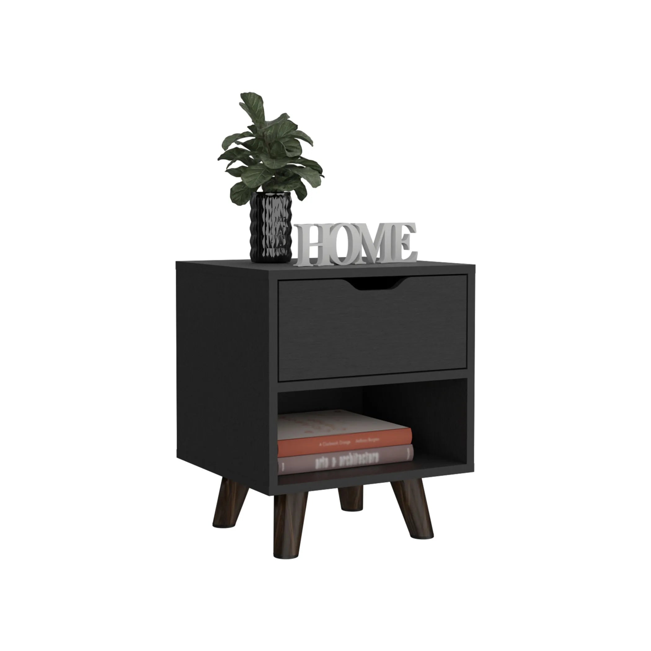 19″ Black One Drawer Faux Wood Nightstand — view 4