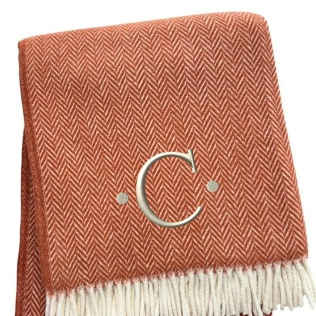 Herringbone Cotton Blend C Initial Throw Blanket with Tassels And Embroidery — view 4