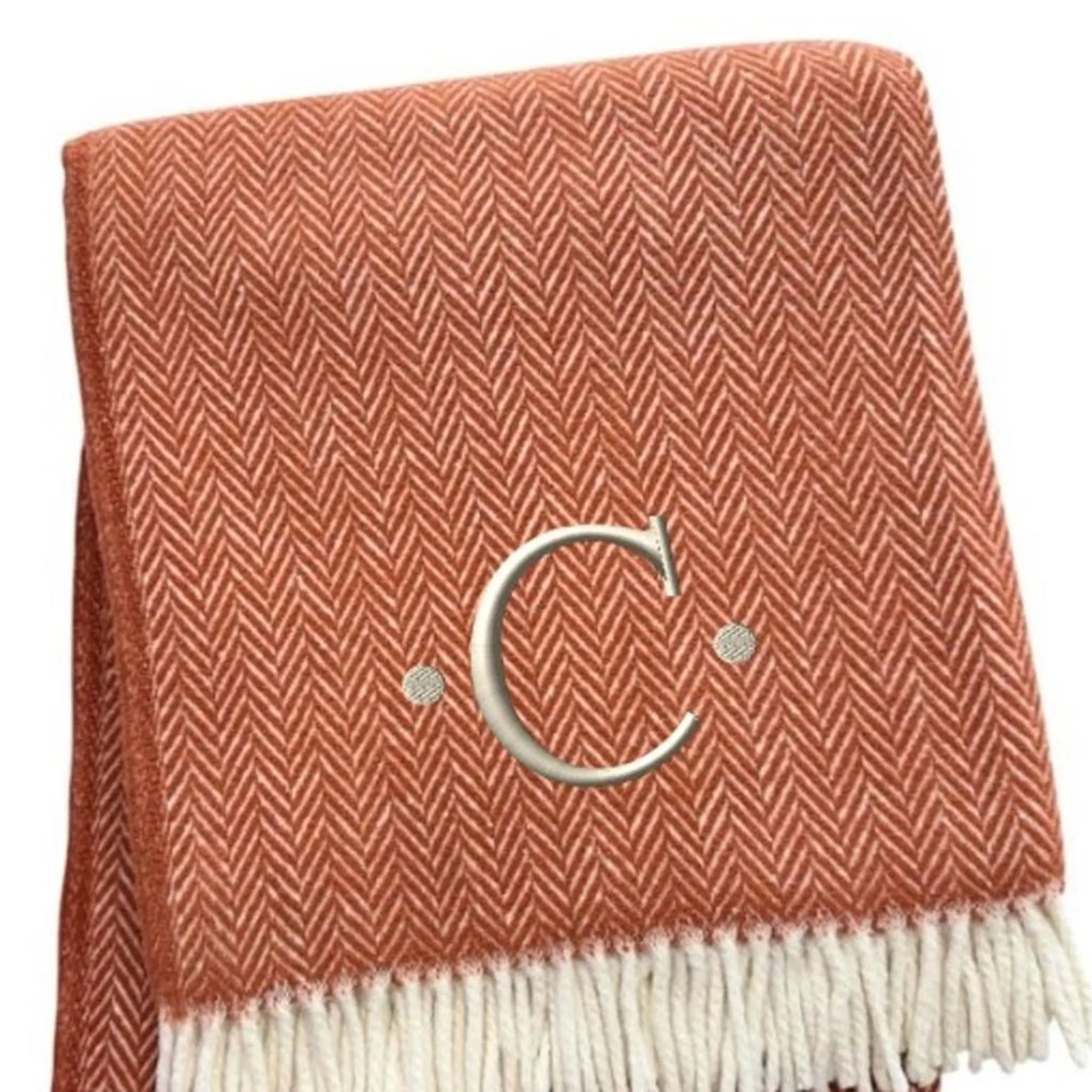 Herringbone Cotton Blend C Initial Throw Blanket with Tassels And Embroidery — view 4