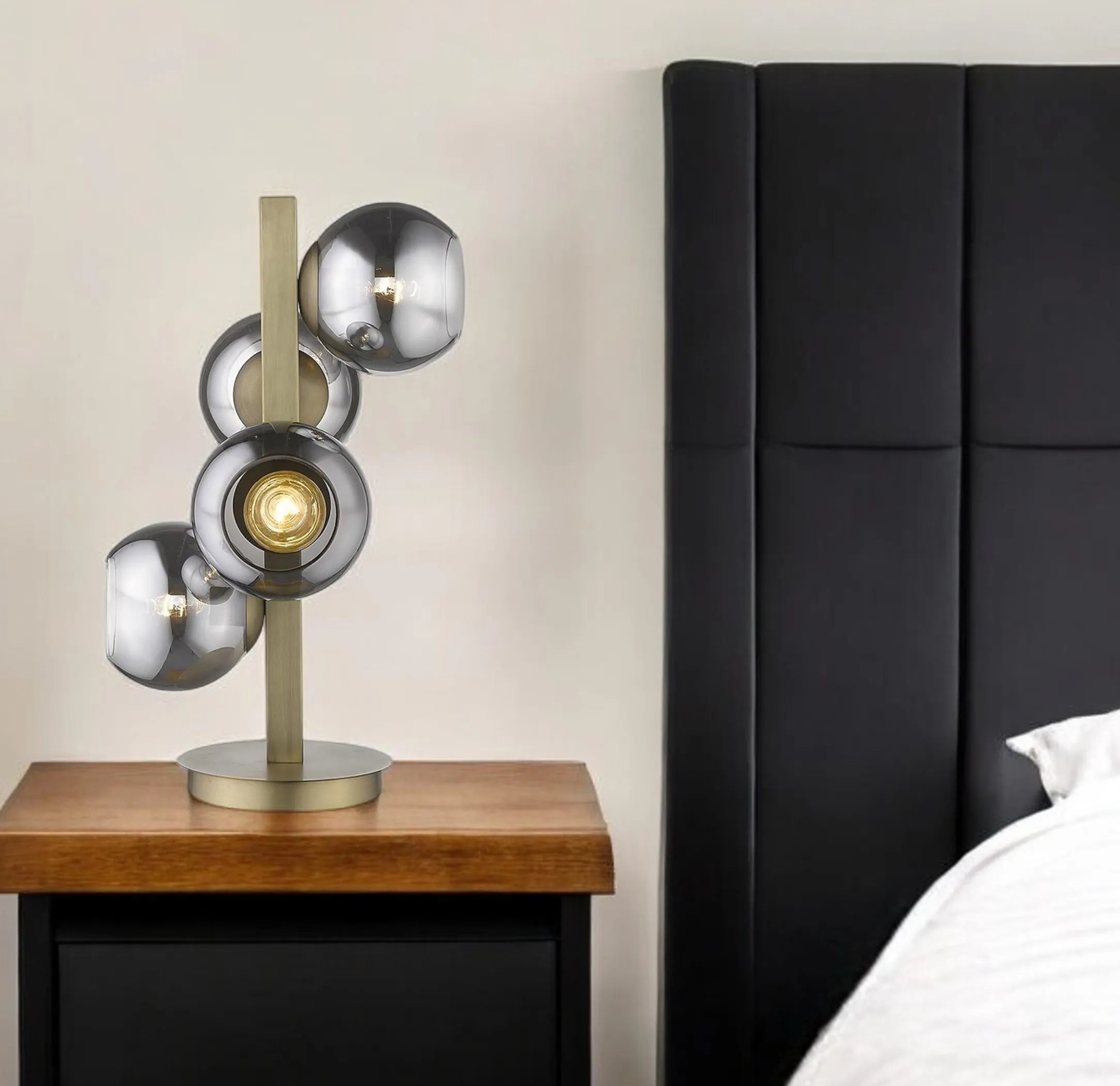 24″ Brass Metal Four Light Novelty Table Lamp With Silver Metallic Globe Shades