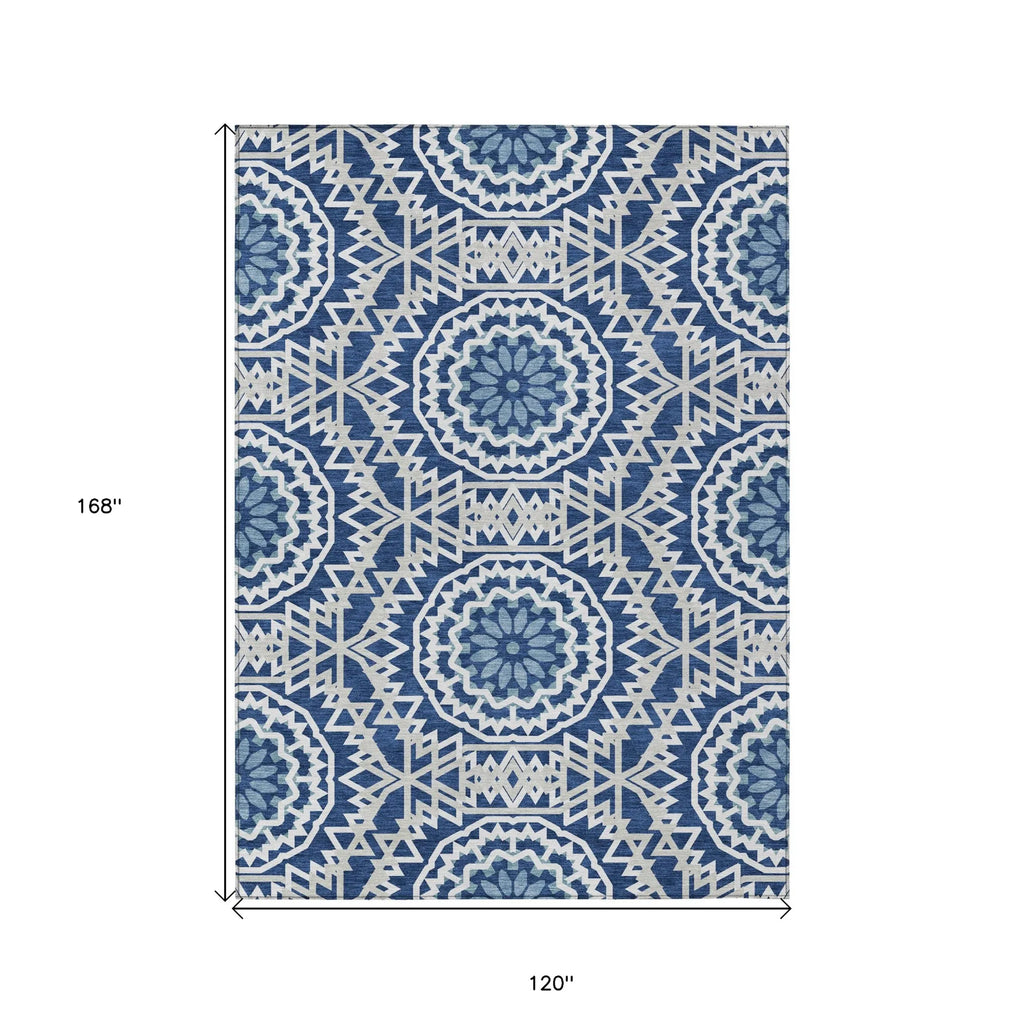 10′ X 14′ Navy Blue Ivory And Gray Floral Medallion Washable Indoor Outdoor Area Rug — view 3
