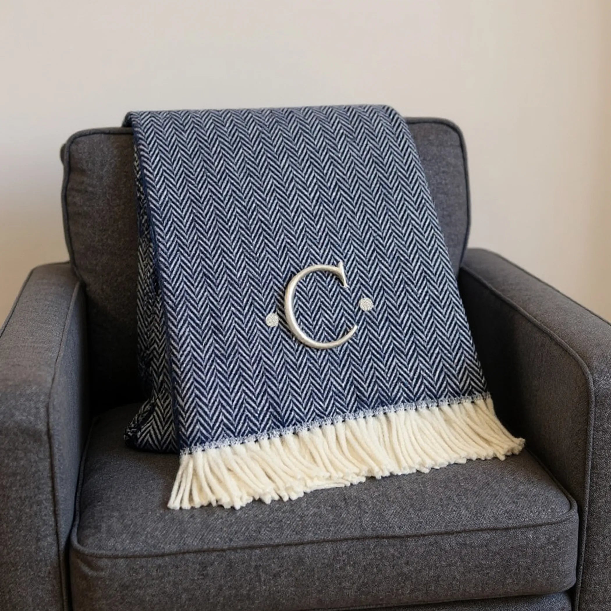 Herringbone Cotton Blend C Initial Throw Blanket with Tassels And Embroidery — view 2
