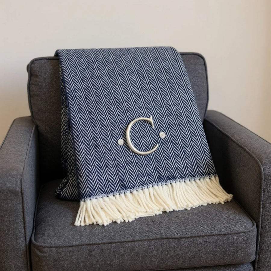 Herringbone Cotton Blend C Initial Throw Blanket with Tassels And Embroidery — view 2