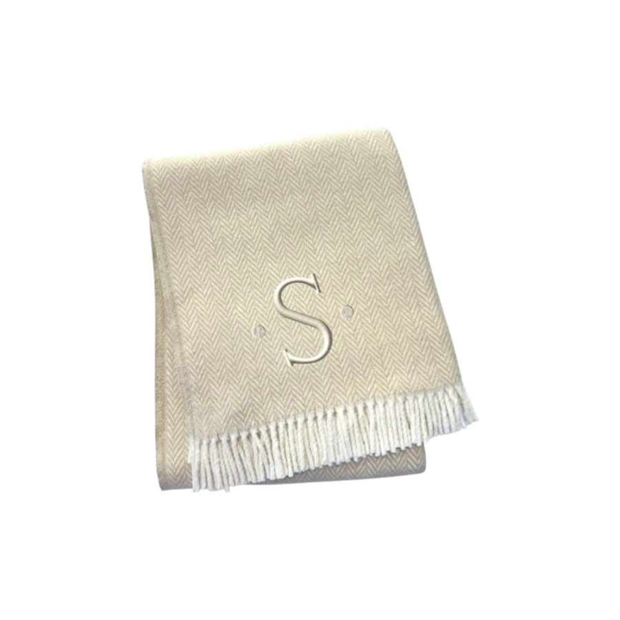 Herringbone Cotton Blend S Initial Throw Blanket with Tassels And Embroidery