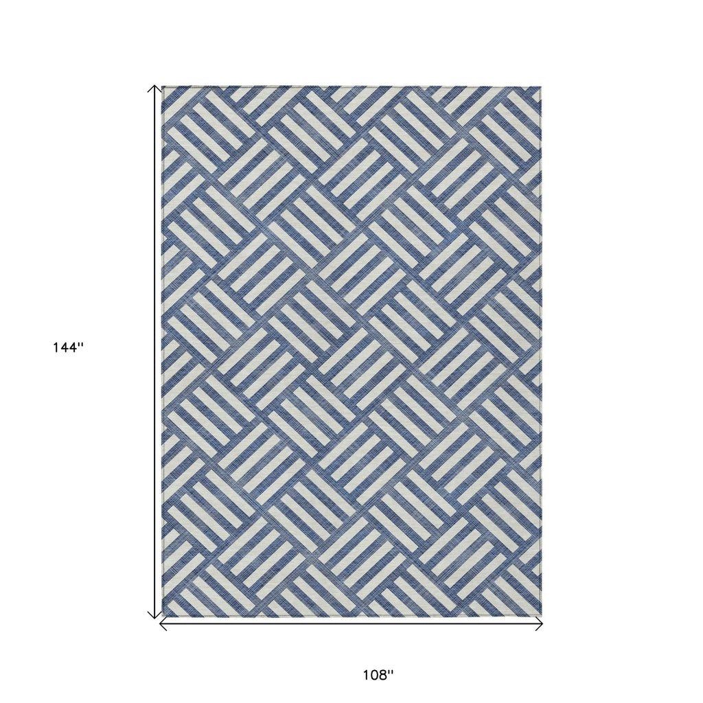 9′ X 12′ Navy Blue And Ivory Geometric Washable Indoor Outdoor Area Rug — view 3