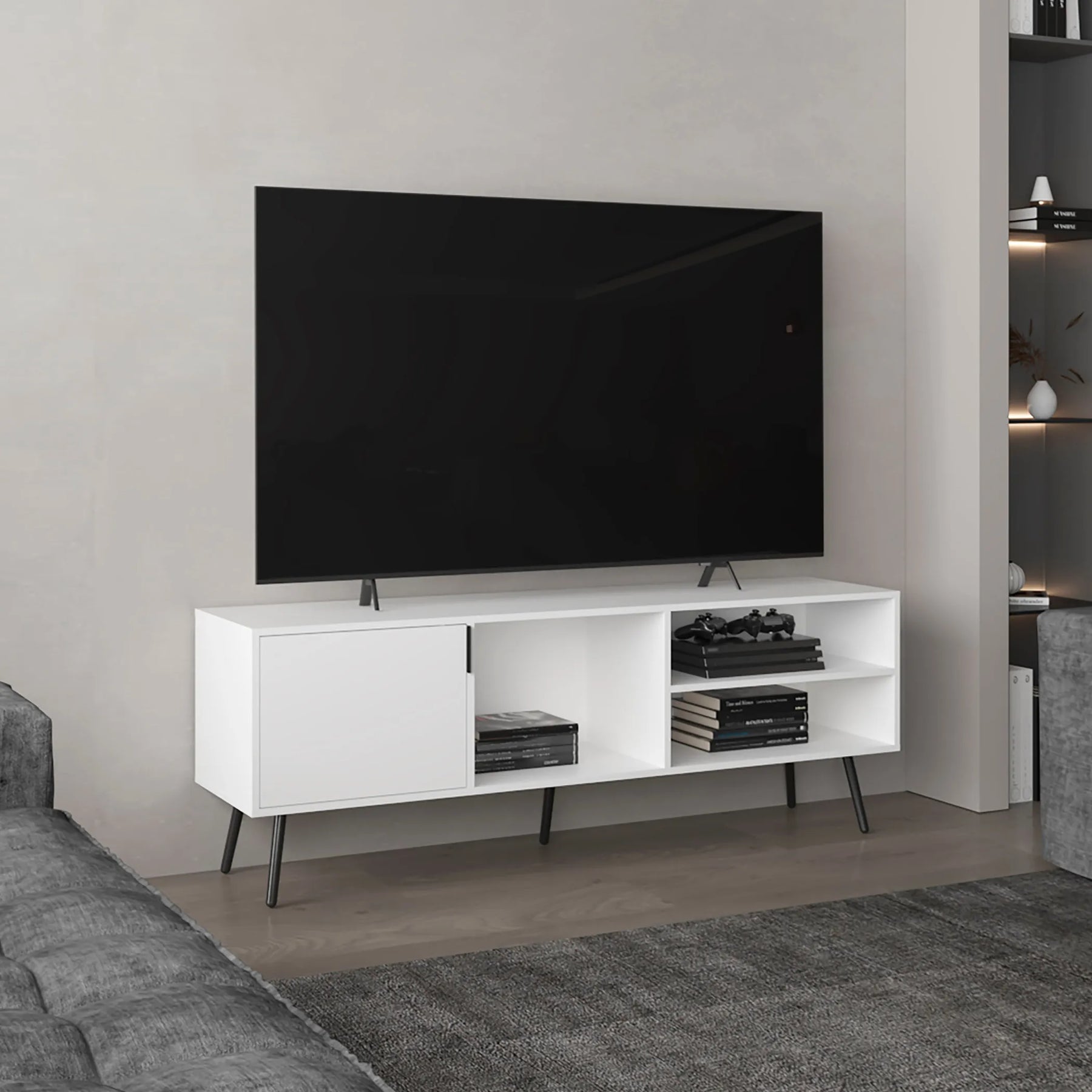 Vulcan 63″ Wide Tv Stand with One Cabinet, Three Open Shelves