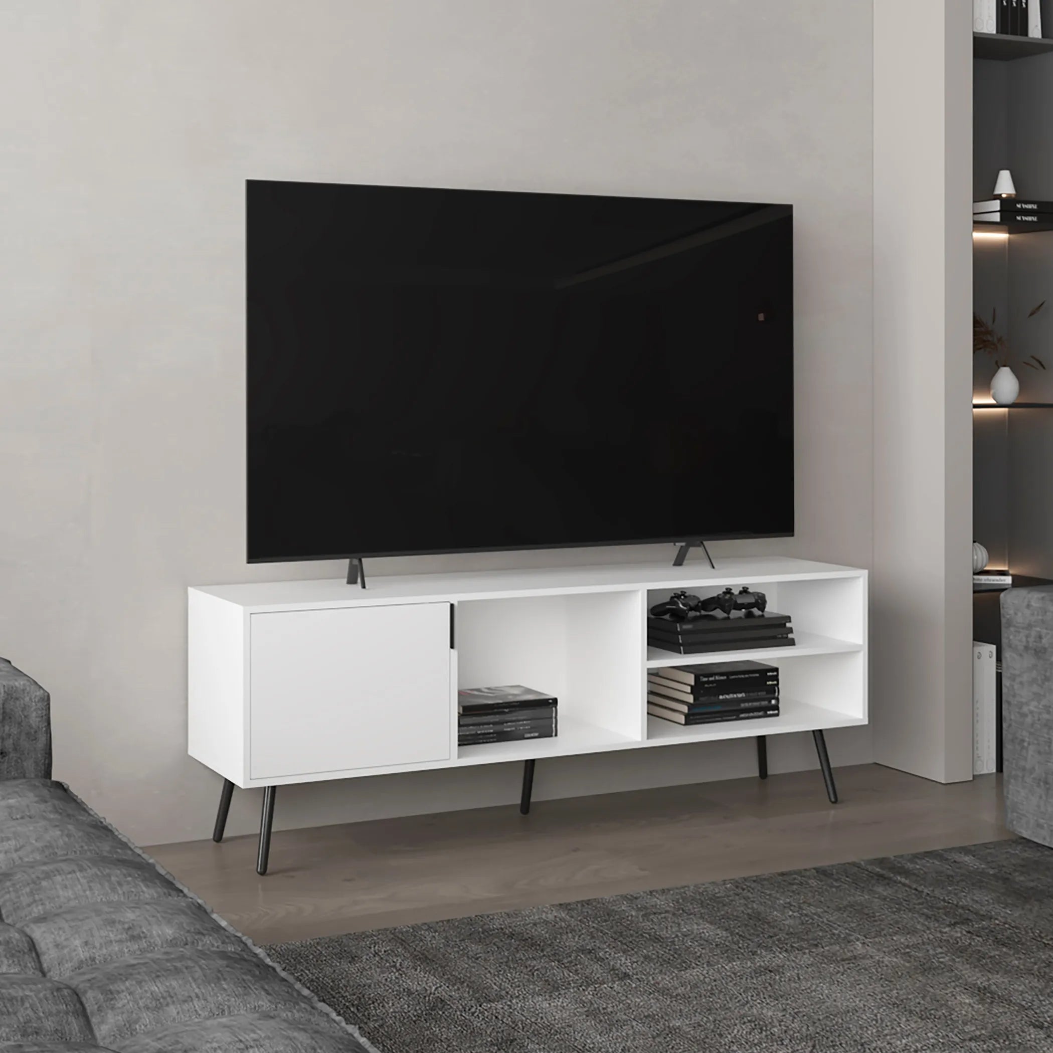 Vulcan 63″ Wide Tv Stand with One Cabinet, Three Open Shelves