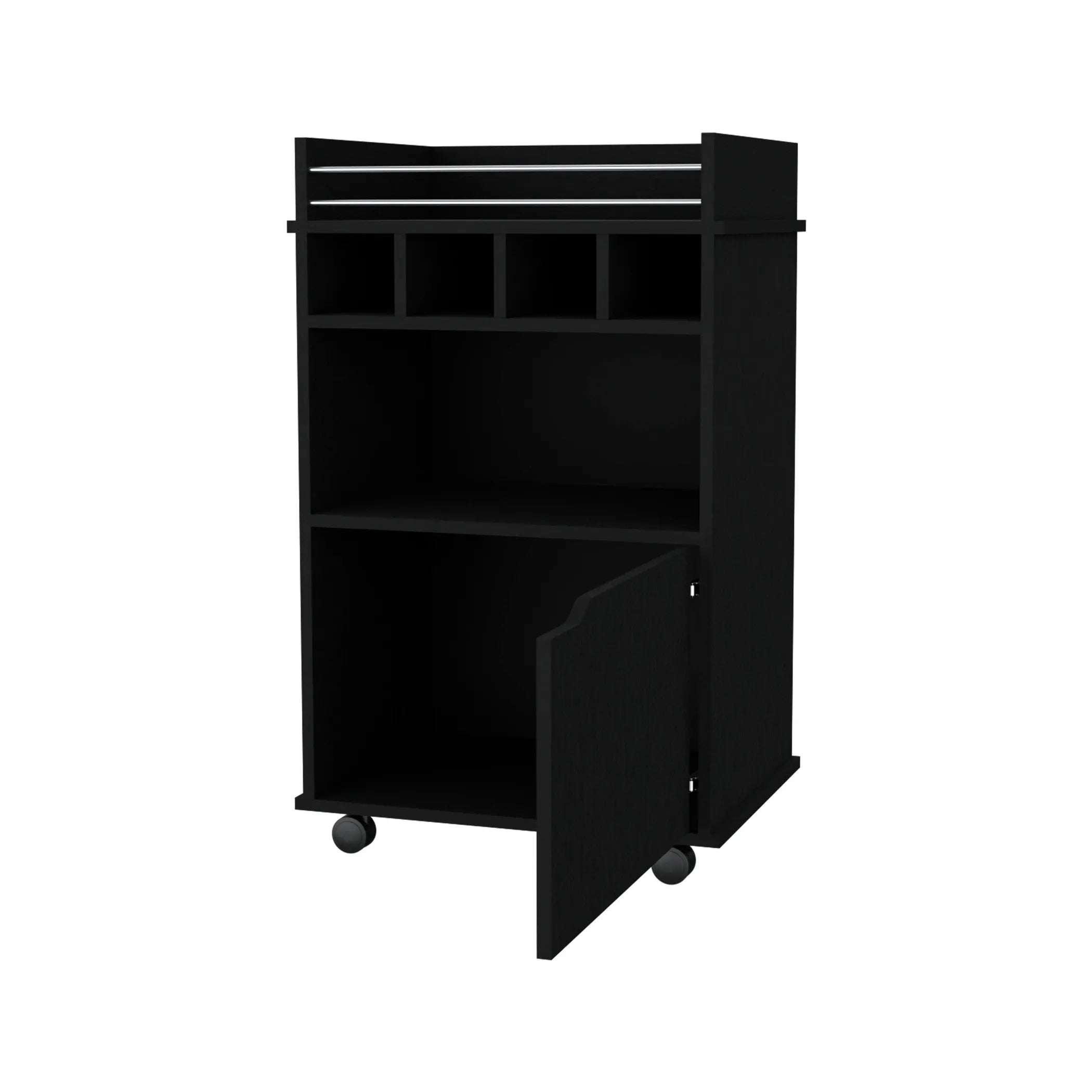 22″ Black Wood Rolling Bar Cart With Wine Storage — view 3