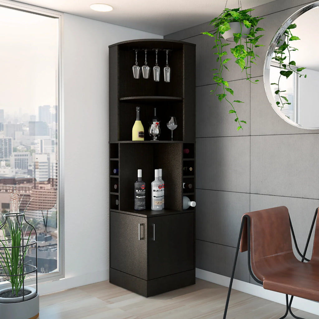 Coppola Corner Bar Cabinet with eight cubbies for wine