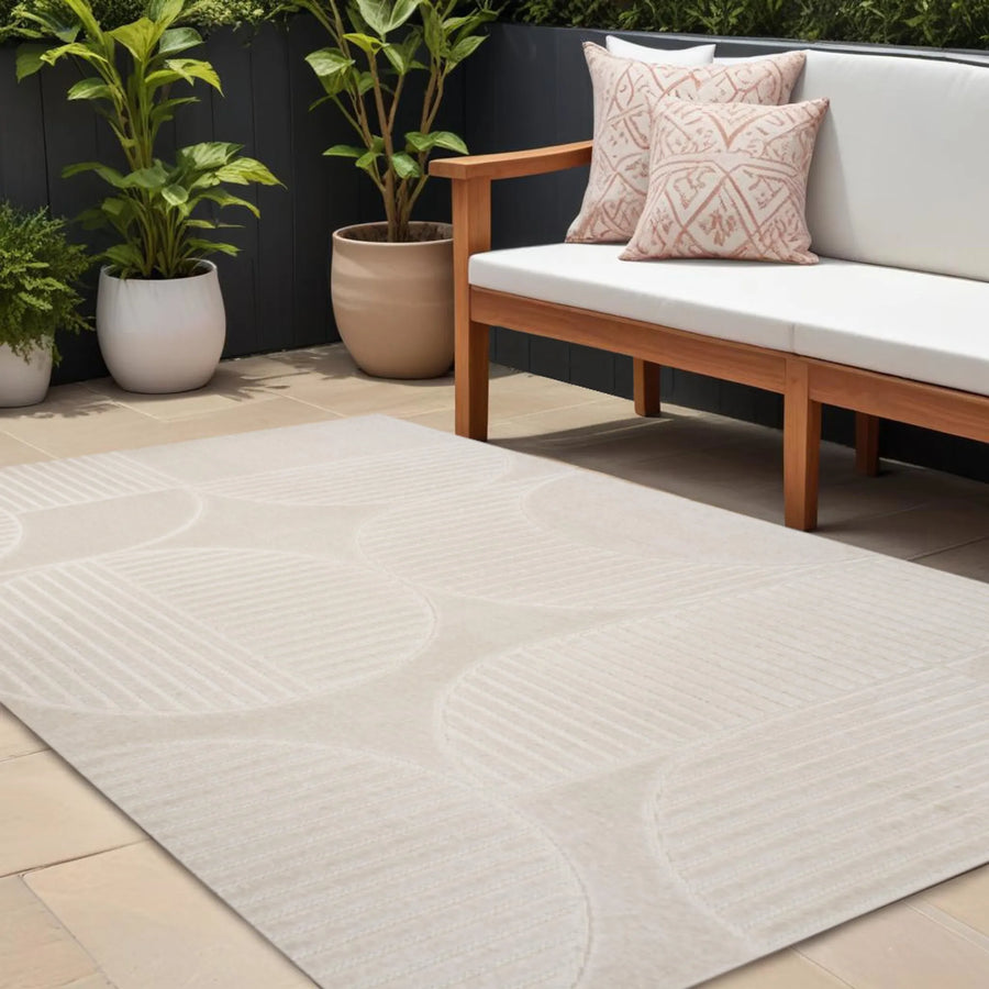 12′ X 15′ Ivory And Cream Striped Indoor Outdoor Area Rug