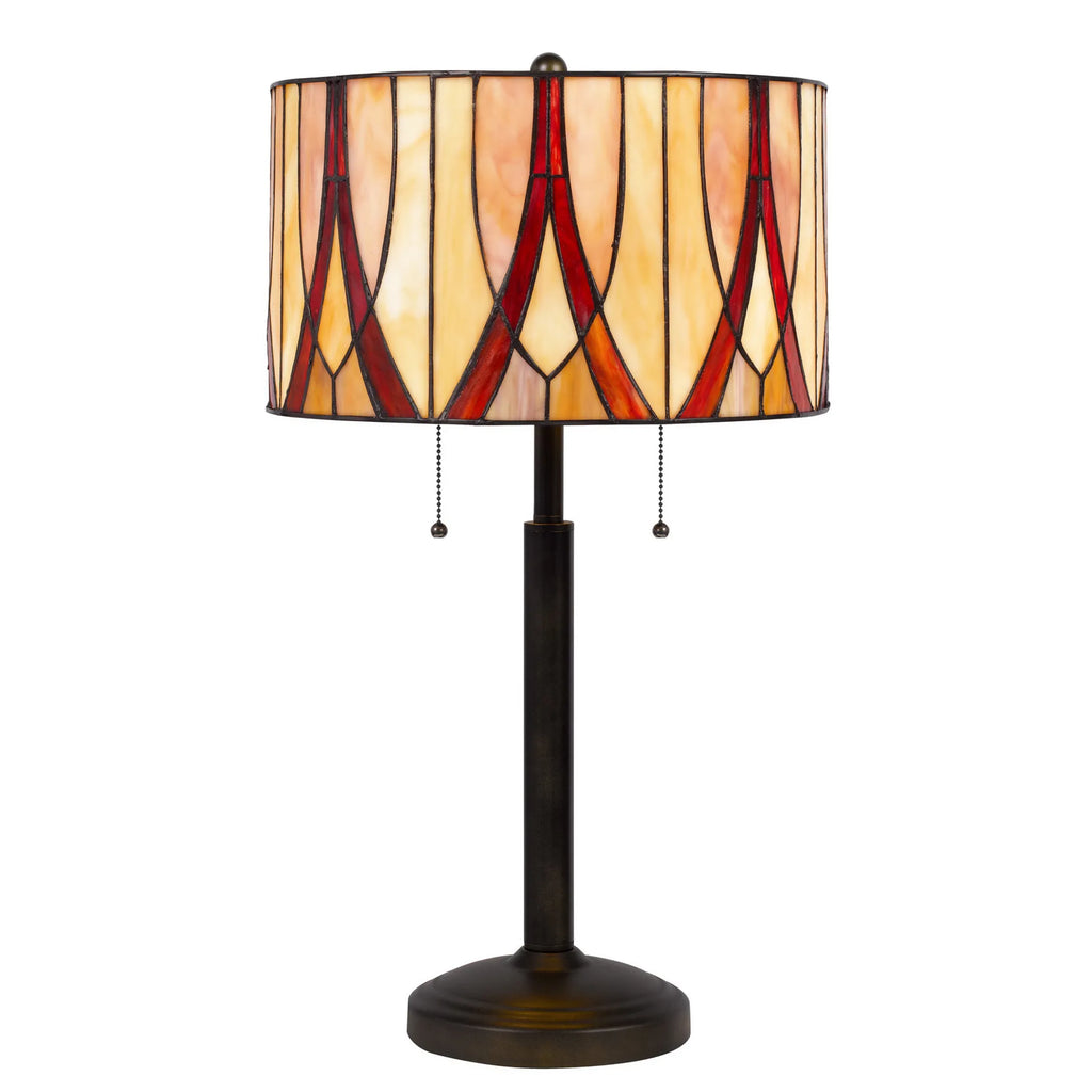 24″ Bronze Metal Two Light Table Lamp With Red And Ivory Drum Shade — view 2