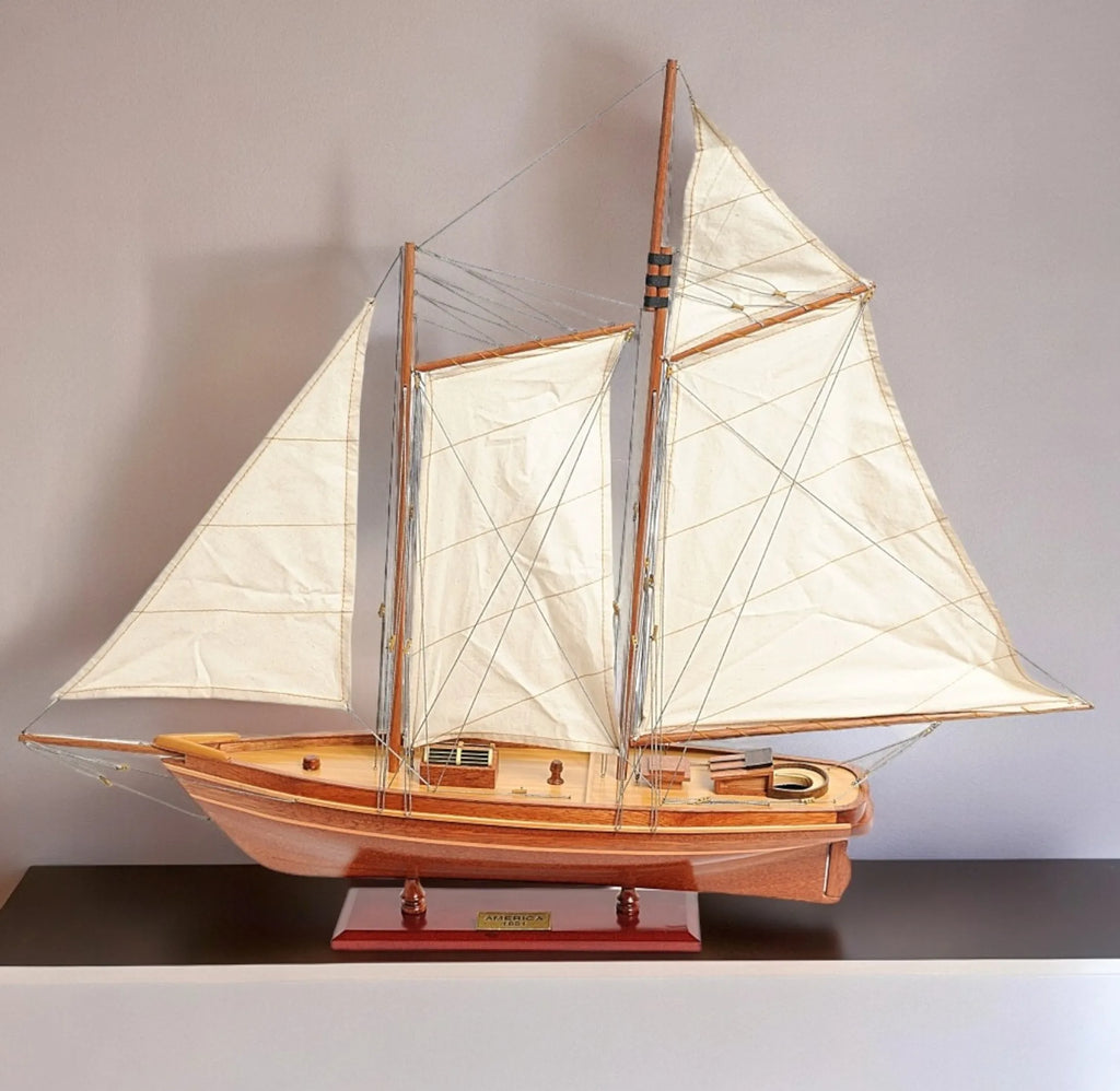 28″ Wood Brown America 1851 Yacht Hand Painted Sculpture