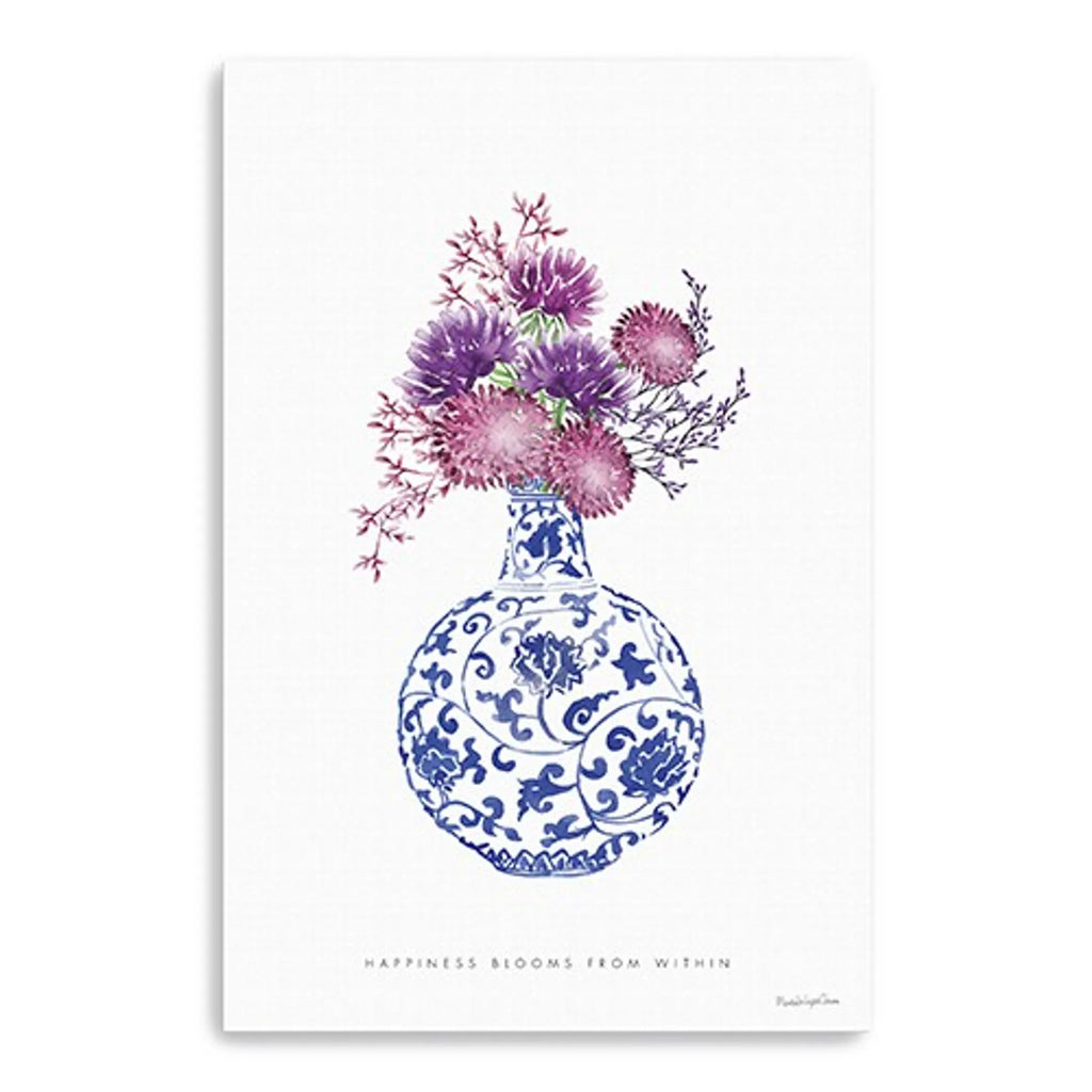 48″ x 32″ Blue and White Happiness Floral Vase Canvas Wall Art