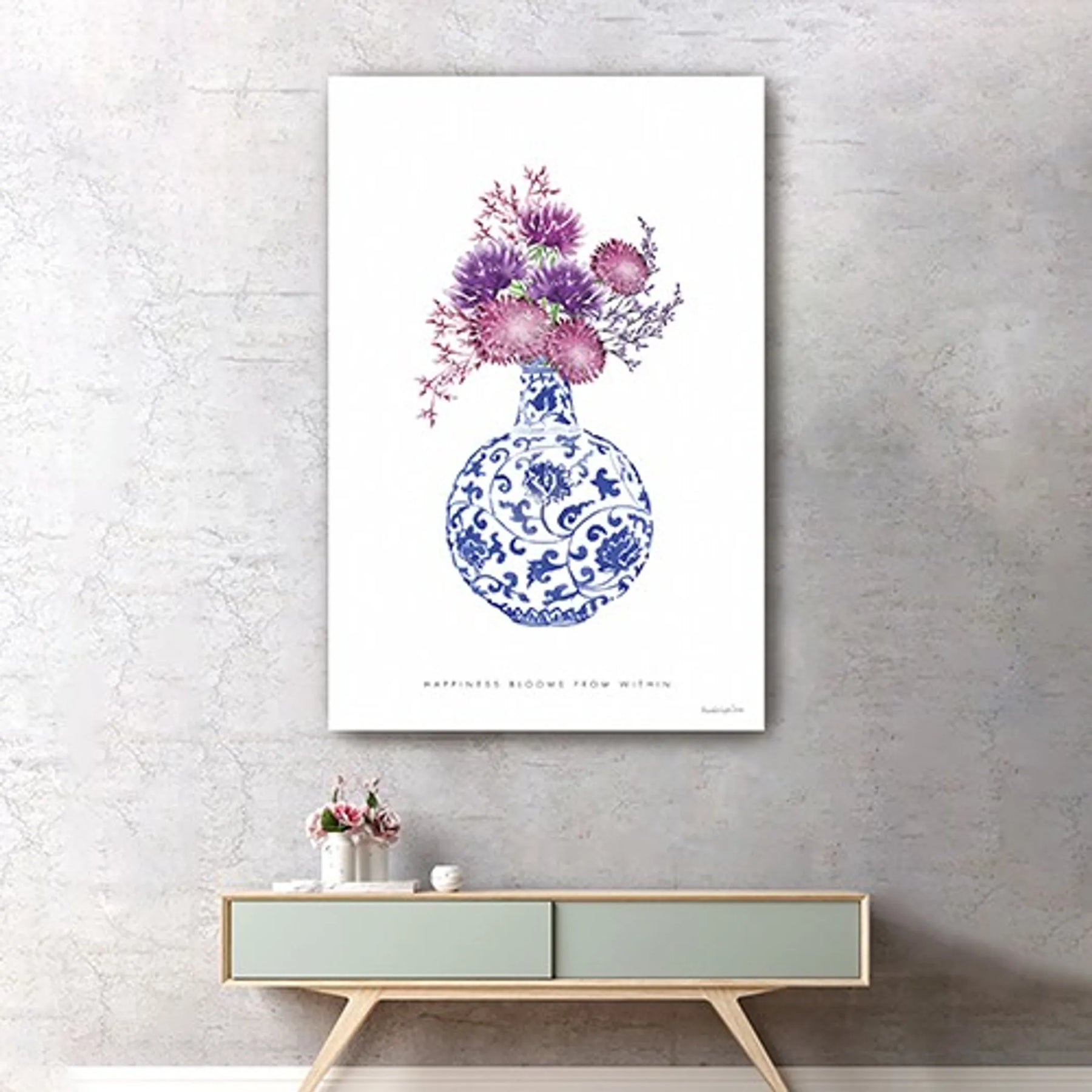 48″ x 32″ Blue and White Happiness Floral Vase Canvas Wall Art — view 4