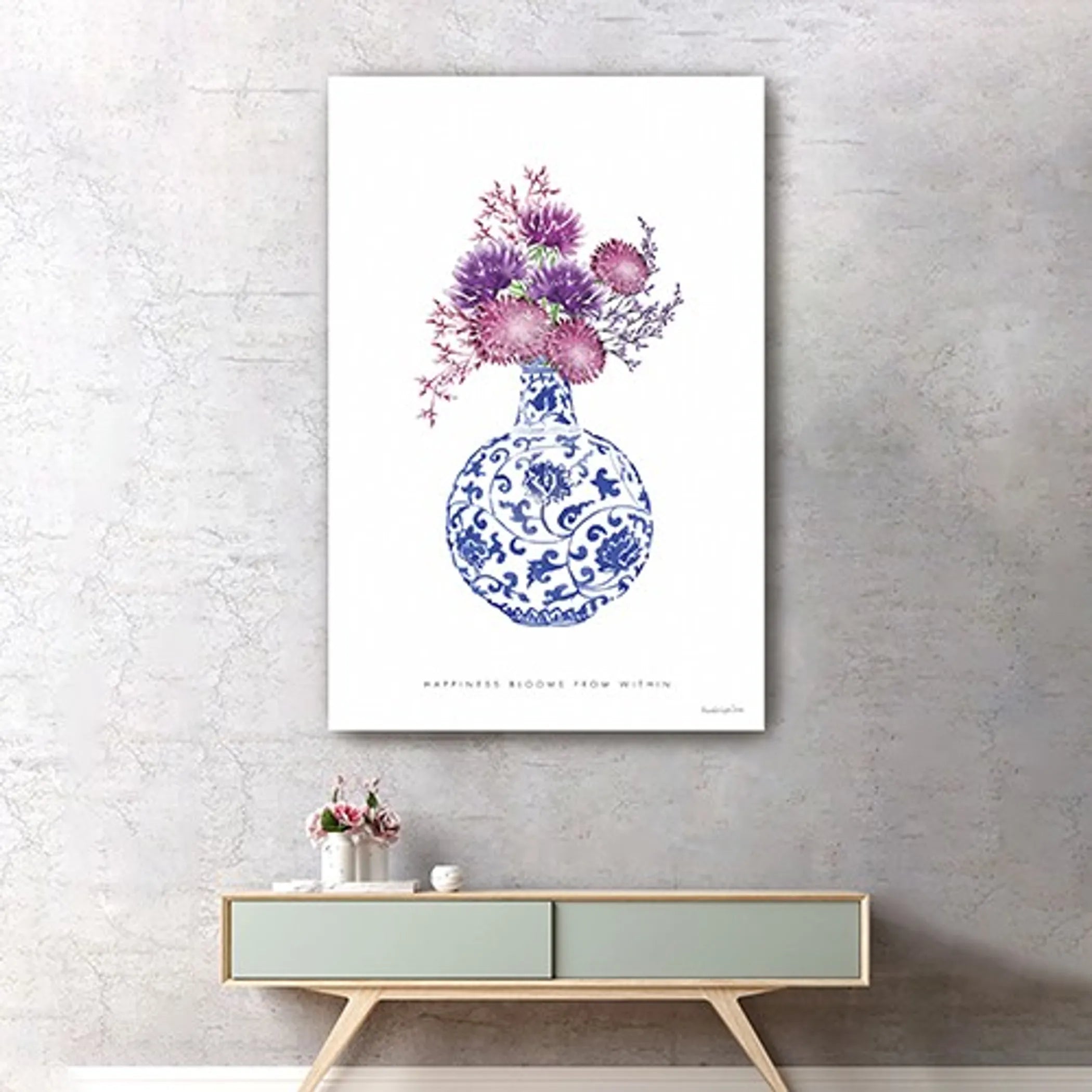 48″ x 32″ Blue and White Happiness Floral Vase Canvas Wall Art — view 4