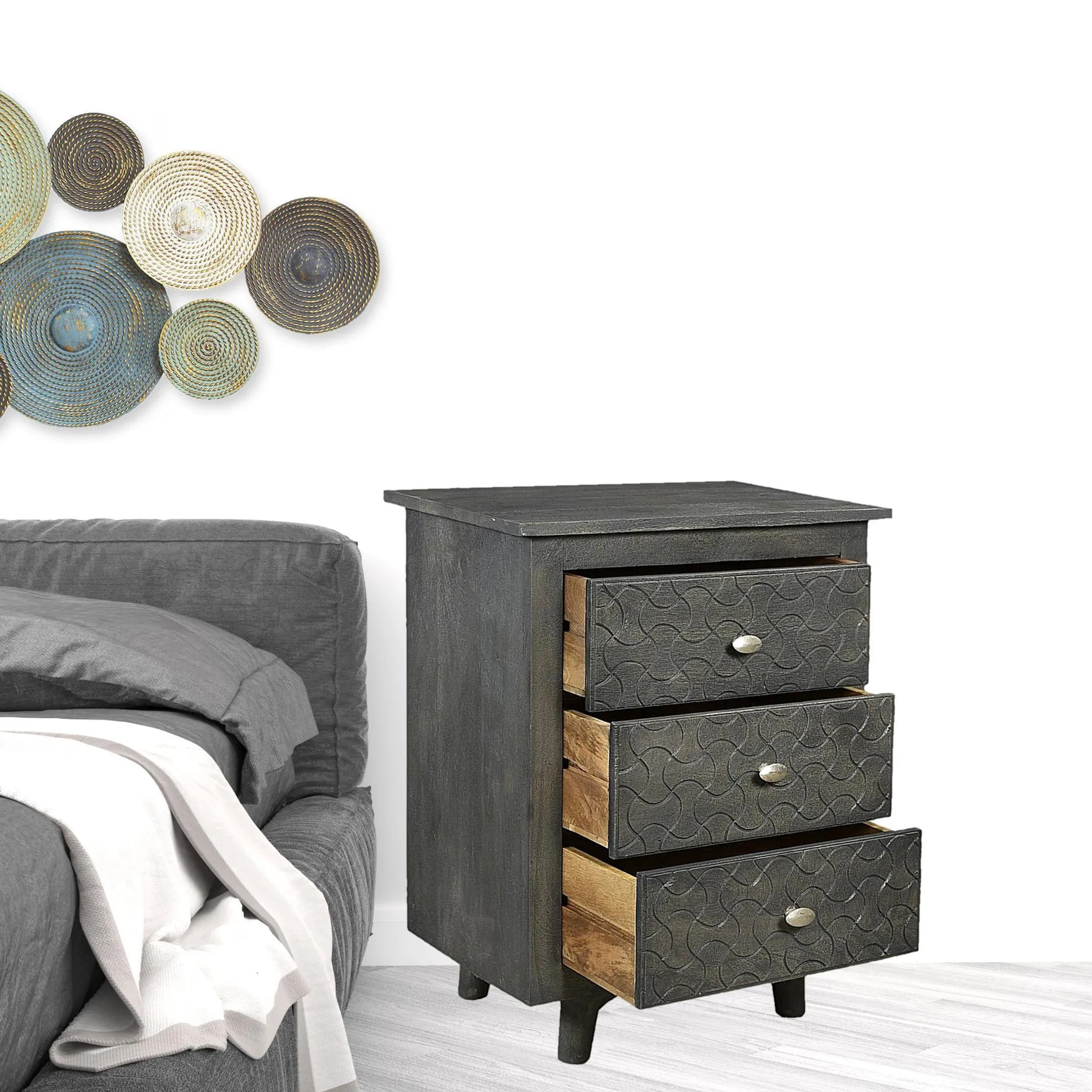 30″ Gray Three Drawer Nightstand — view 3