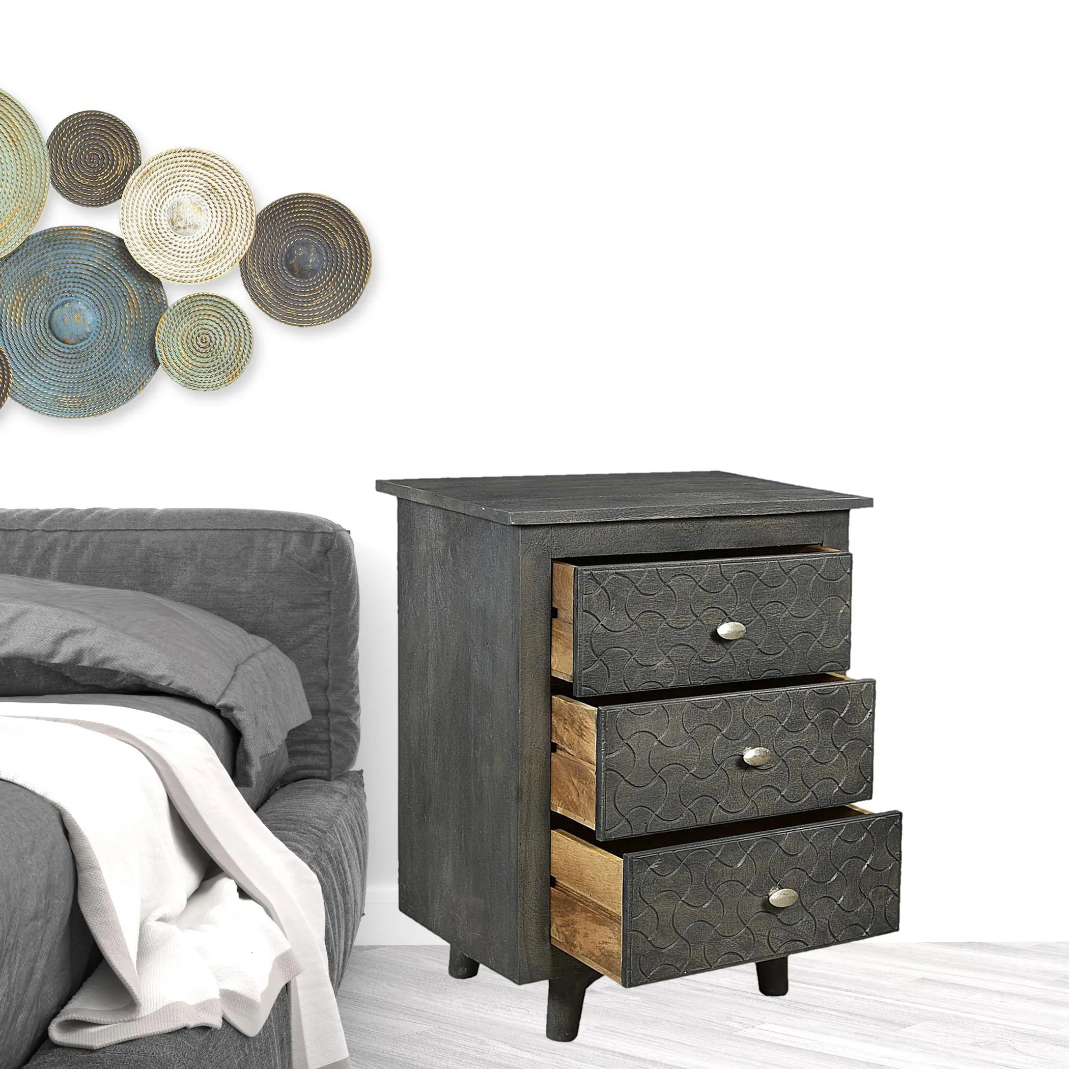 30″ Gray Three Drawer Nightstand — view 3
