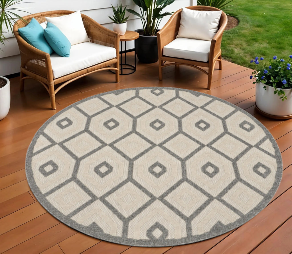 8′ Cream And Gray Round Geometric Indoor Outdoor Area Rug