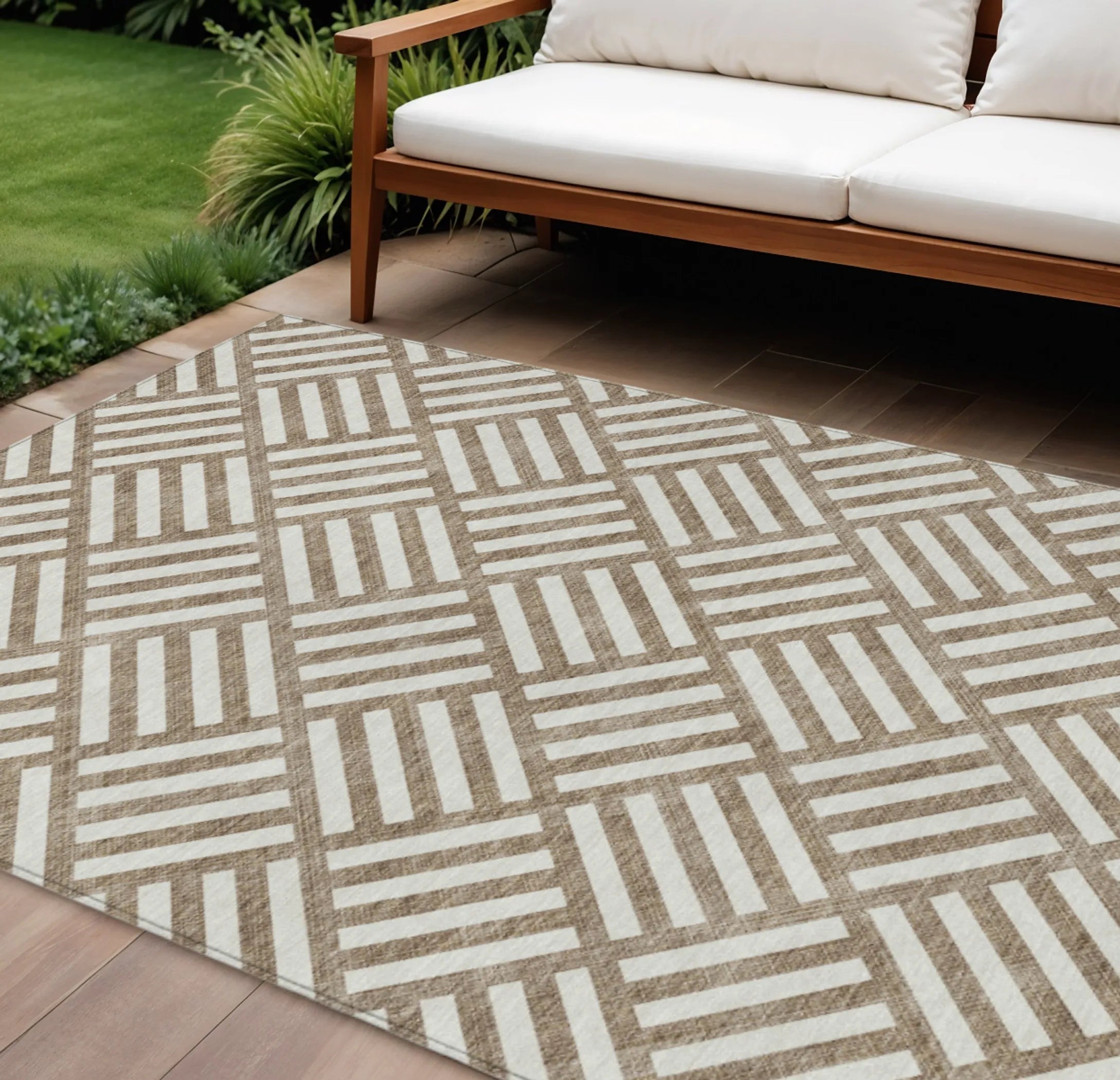 10′ X 14′ Brown And Ivory Geometric Washable Indoor Outdoor Area Rug