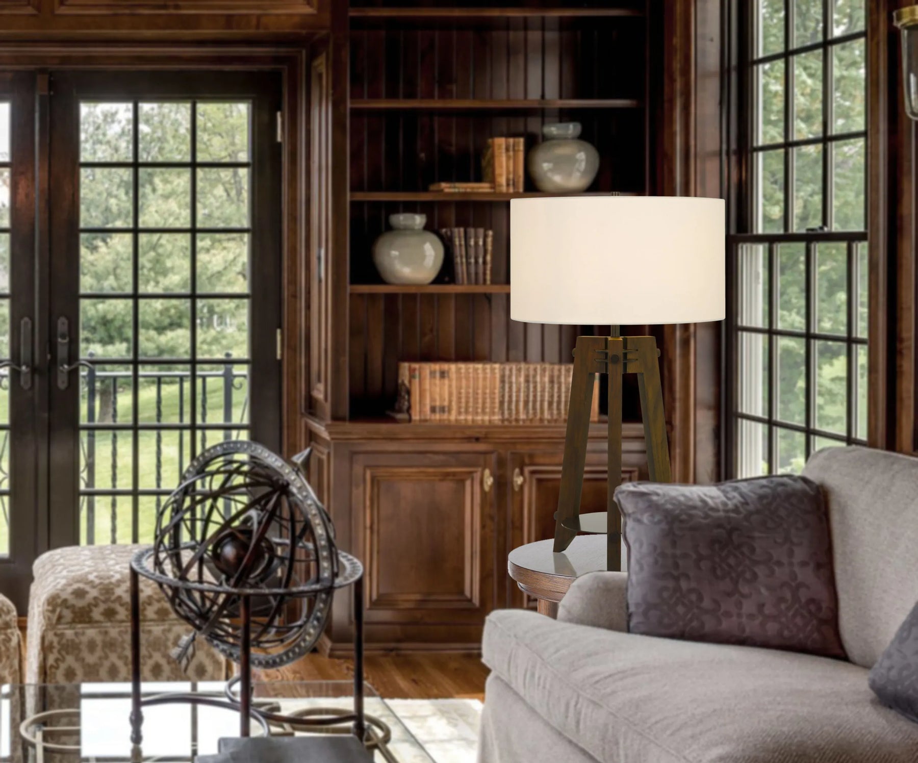 32″ Brown Metal Tripod Table Lamp With Off White Drum Shade — view 4