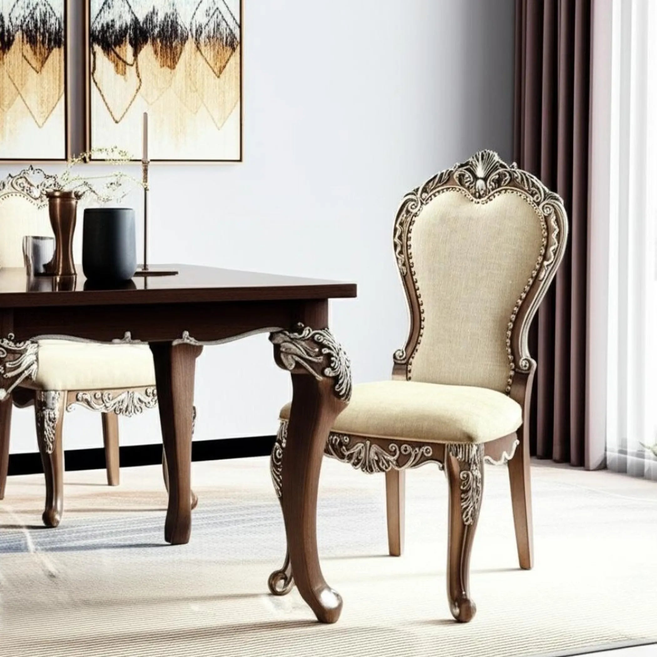 Set of Two Upholstered Chenille And Solid Wood Dining Side Chairs