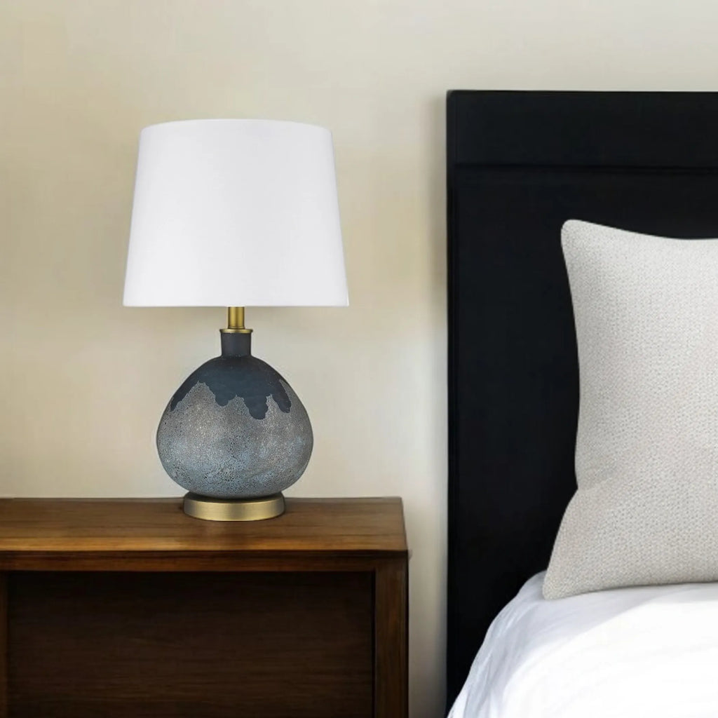 22″ Teal Blue Concrete Gourd Table Lamp With Cream Empire Shade