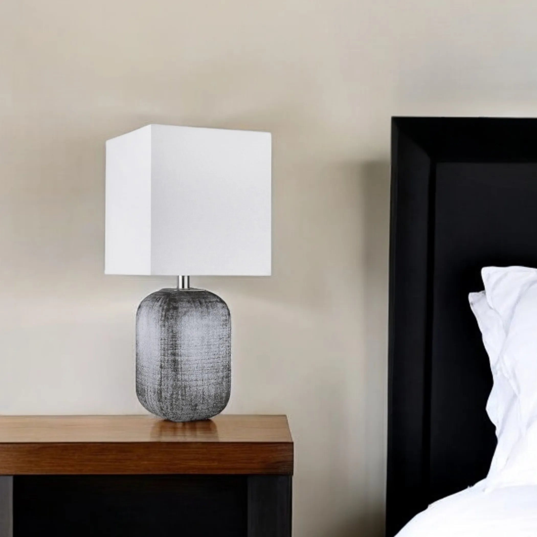 25″ Blue and Gray Ceramic Table Lamp With White Square Shade