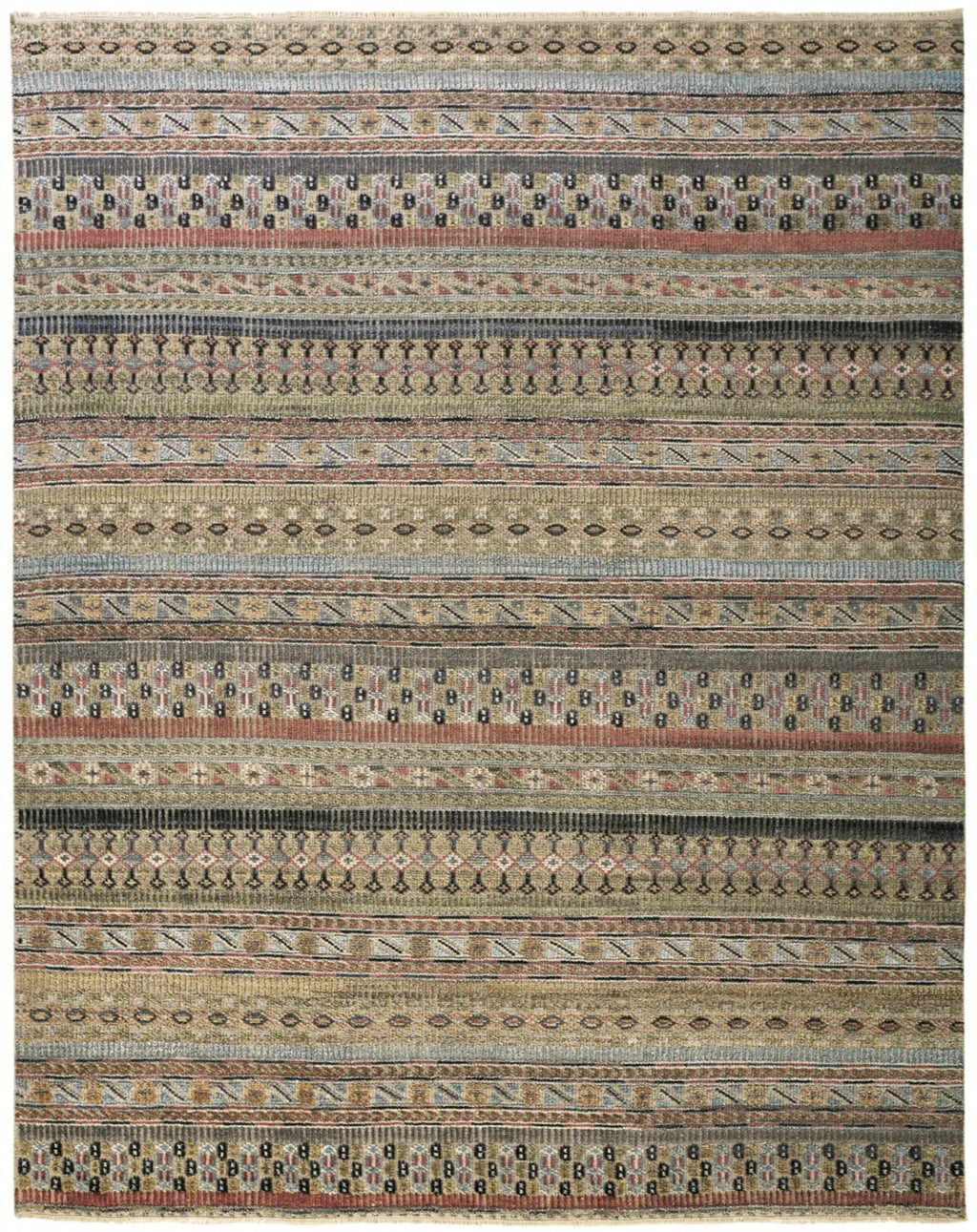 8′ X 10′ Tan Blue and Orange Striped Hand Knotted Area Rug — view 2