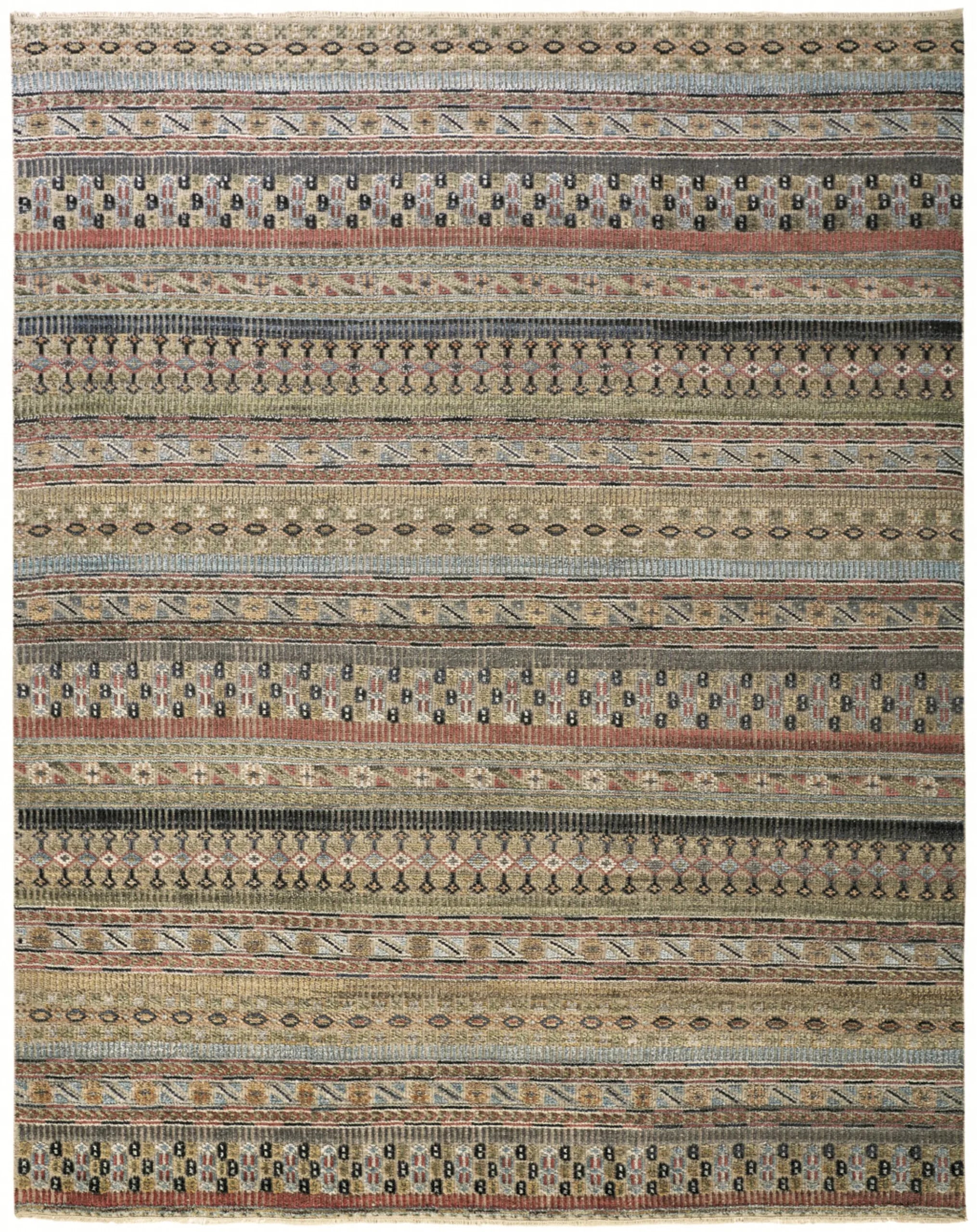 8′ X 10′ Tan Blue and Orange Striped Hand Knotted Area Rug — view 2