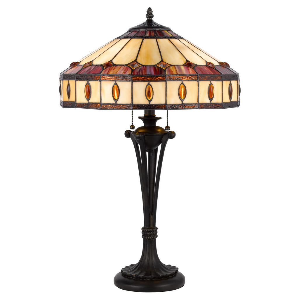 26″ Black Metal Two Light Candlestick Table Lamp With Ivory and Red Dome Shade — view 3