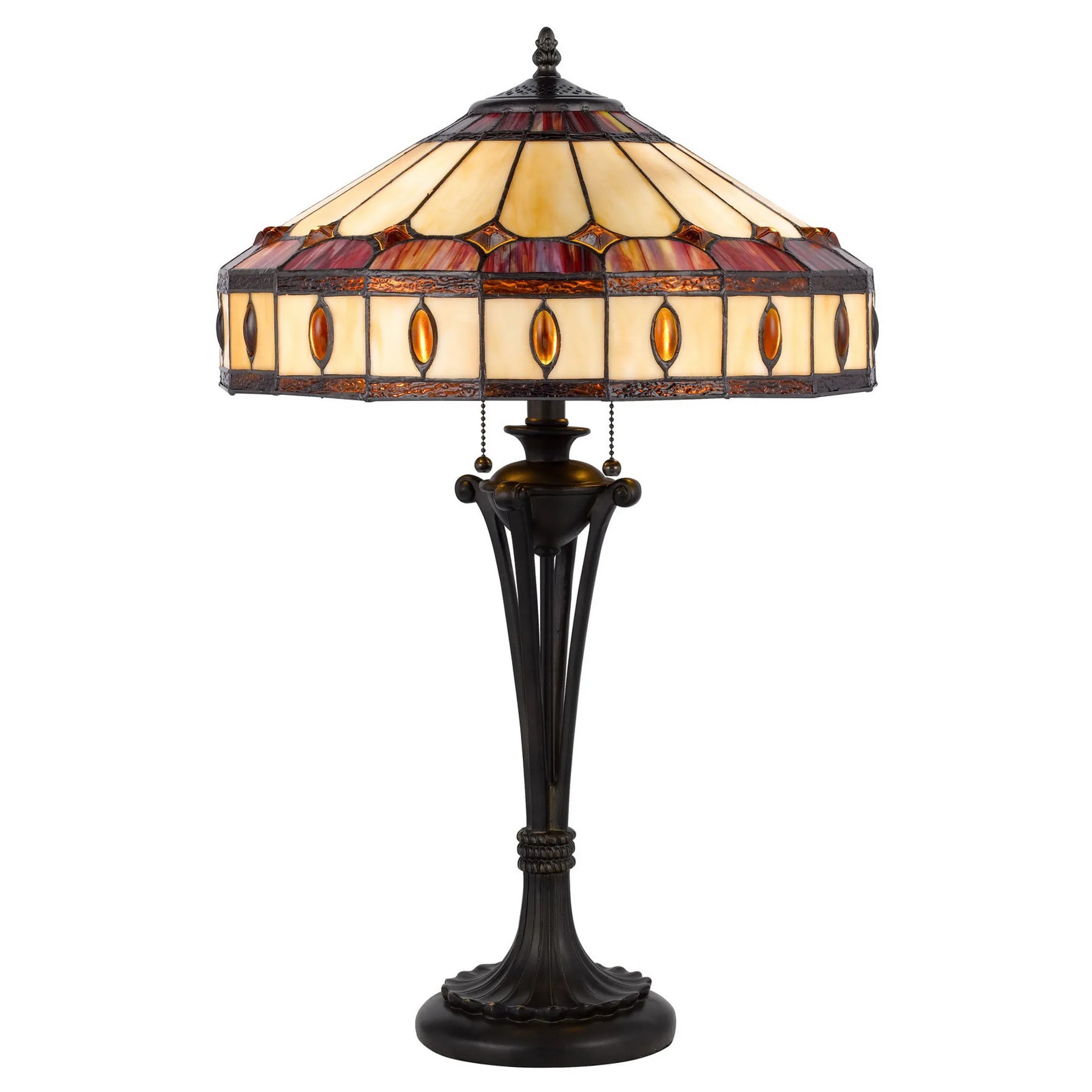 26″ Black Metal Two Light Candlestick Table Lamp With Ivory and Red Dome Shade — view 3