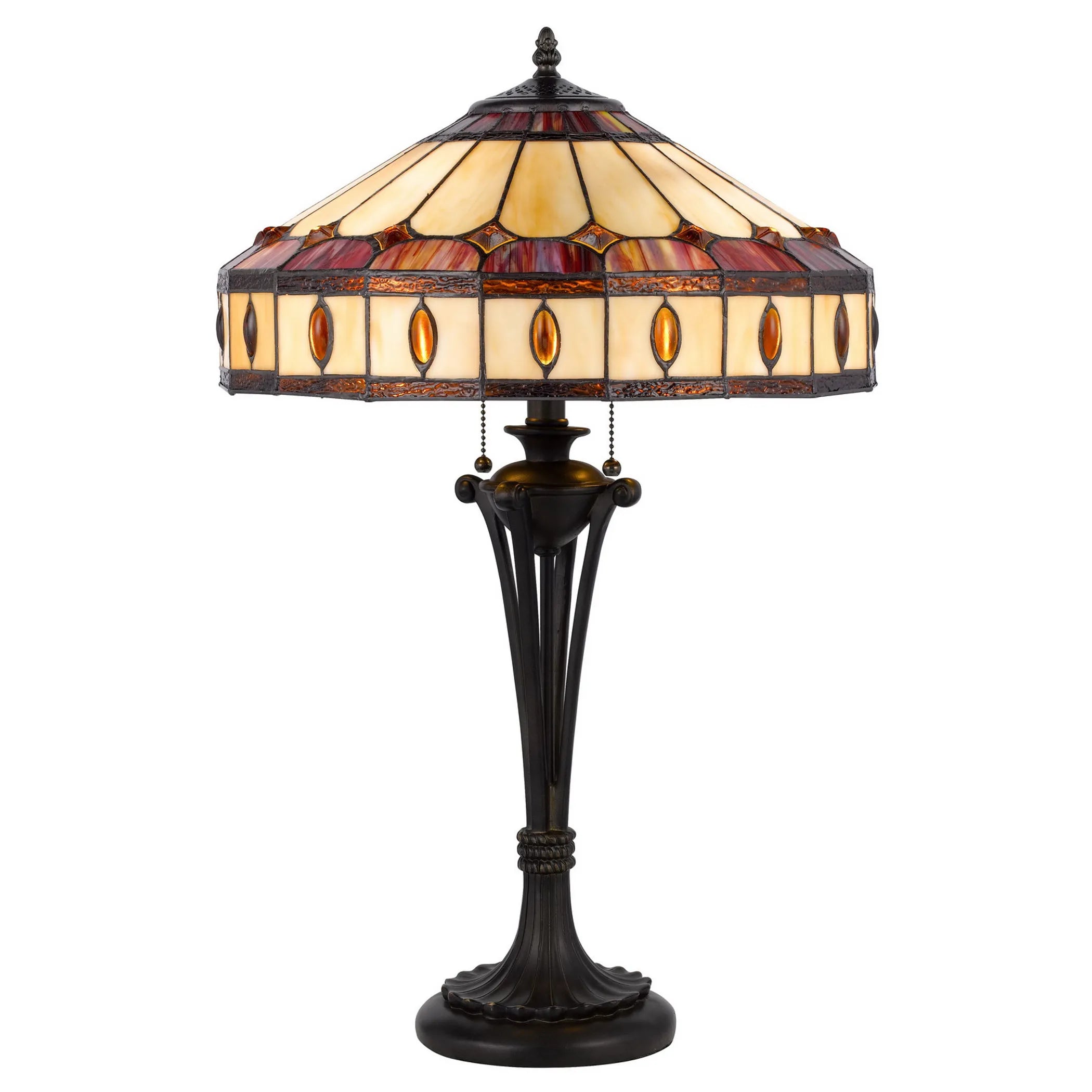 26″ Black Metal Two Light Candlestick Table Lamp With Ivory and Red Dome Shade — view 3