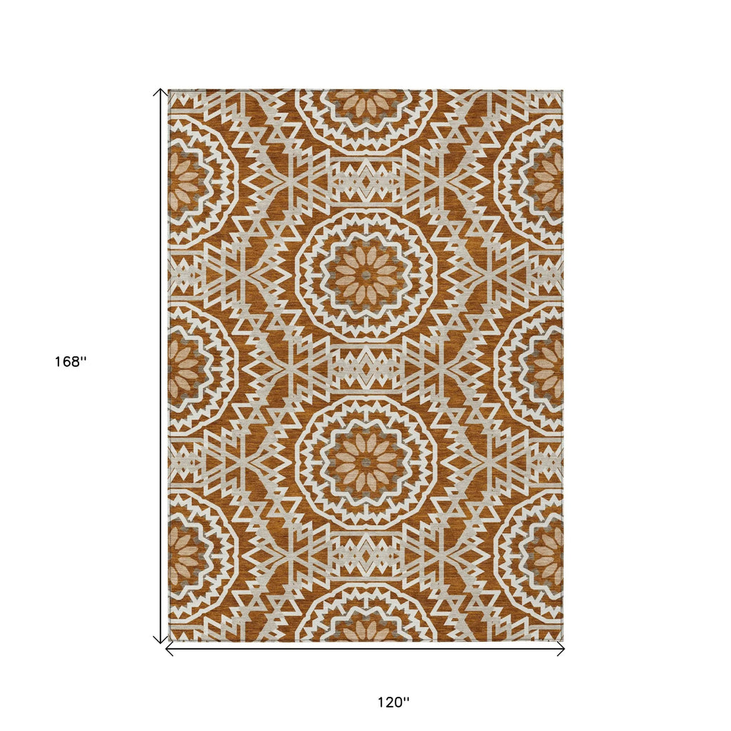 10′ X 14′ Orange Copper And Beige Floral Medallion Washable Indoor Outdoor Area Rug — view 3
