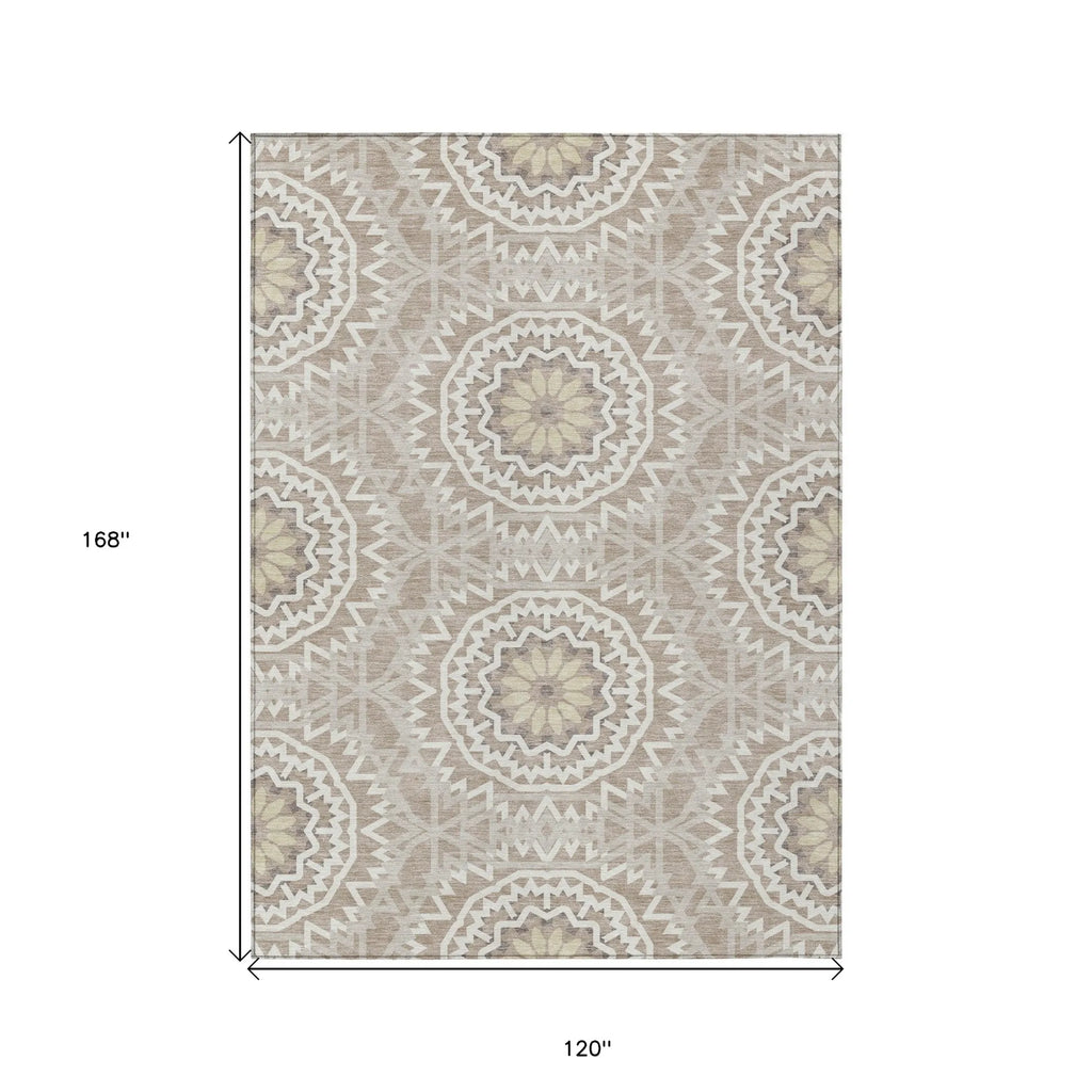 10′ X 14′ Taupe Khaki And Ivory Floral Medallion Washable Indoor Outdoor Area Rug — view 3