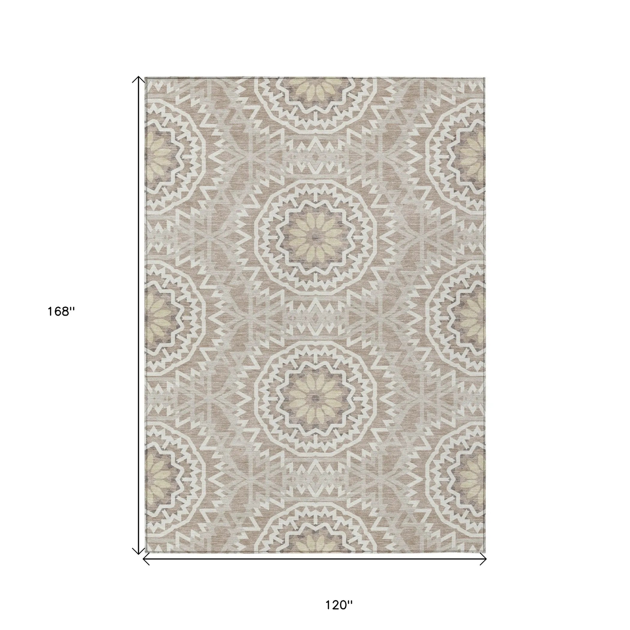 10′ X 14′ Taupe Khaki And Ivory Floral Medallion Washable Indoor Outdoor Area Rug — view 3