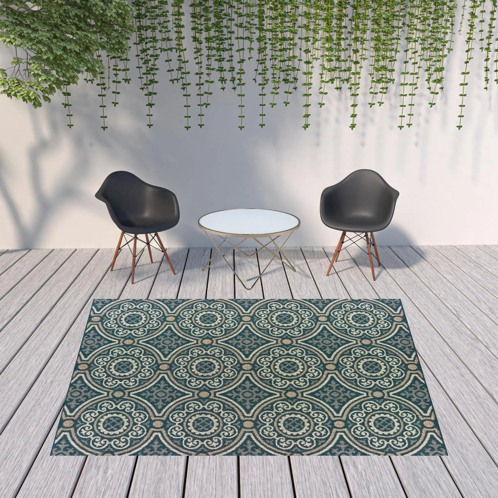 8′ x 10′ Blue and Gray Geometric Stain Resistant Indoor Outdoor Area Rug — view 2