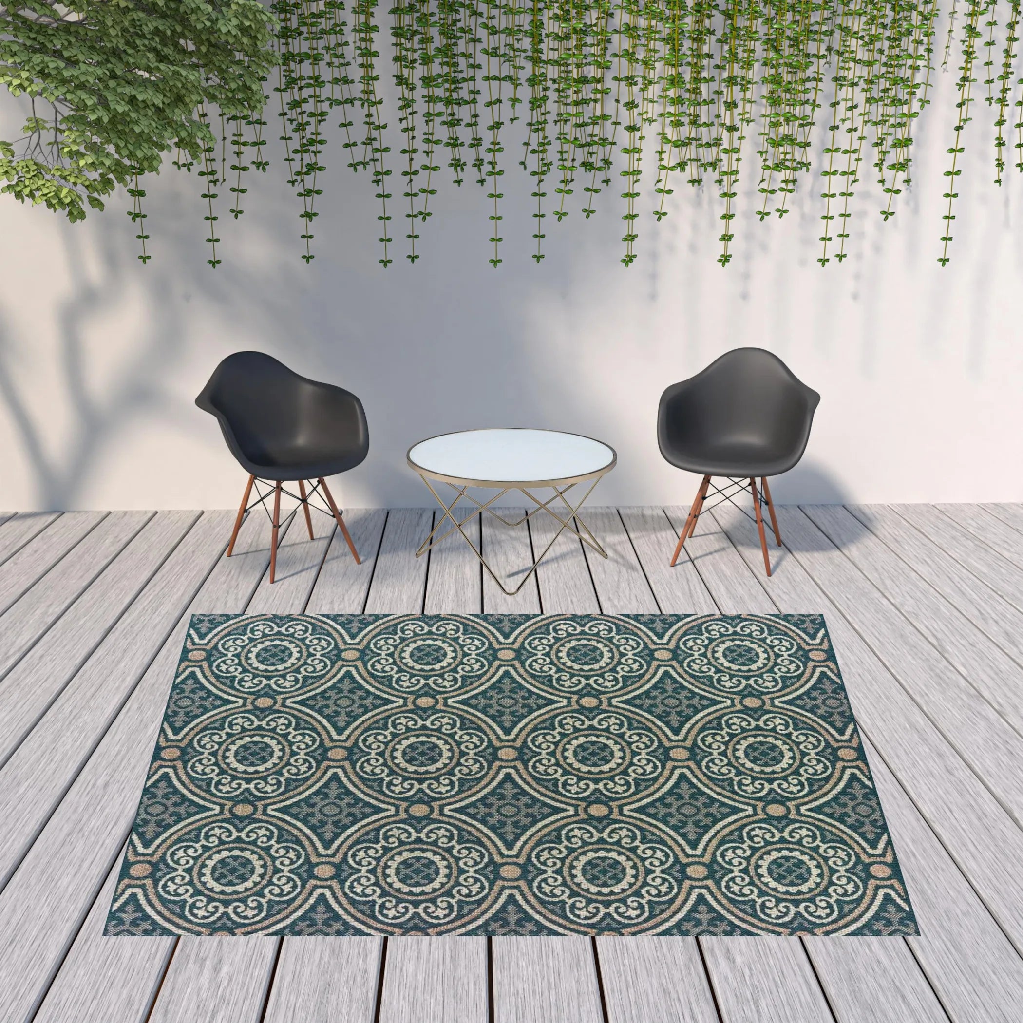 8′ x 10′ Blue and Gray Geometric Stain Resistant Indoor Outdoor Area Rug — view 2