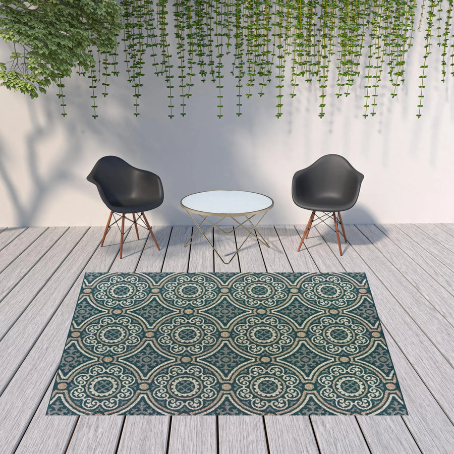 8′ x 10′ Blue and Gray Geometric Stain Resistant Indoor Outdoor Area Rug — view 2