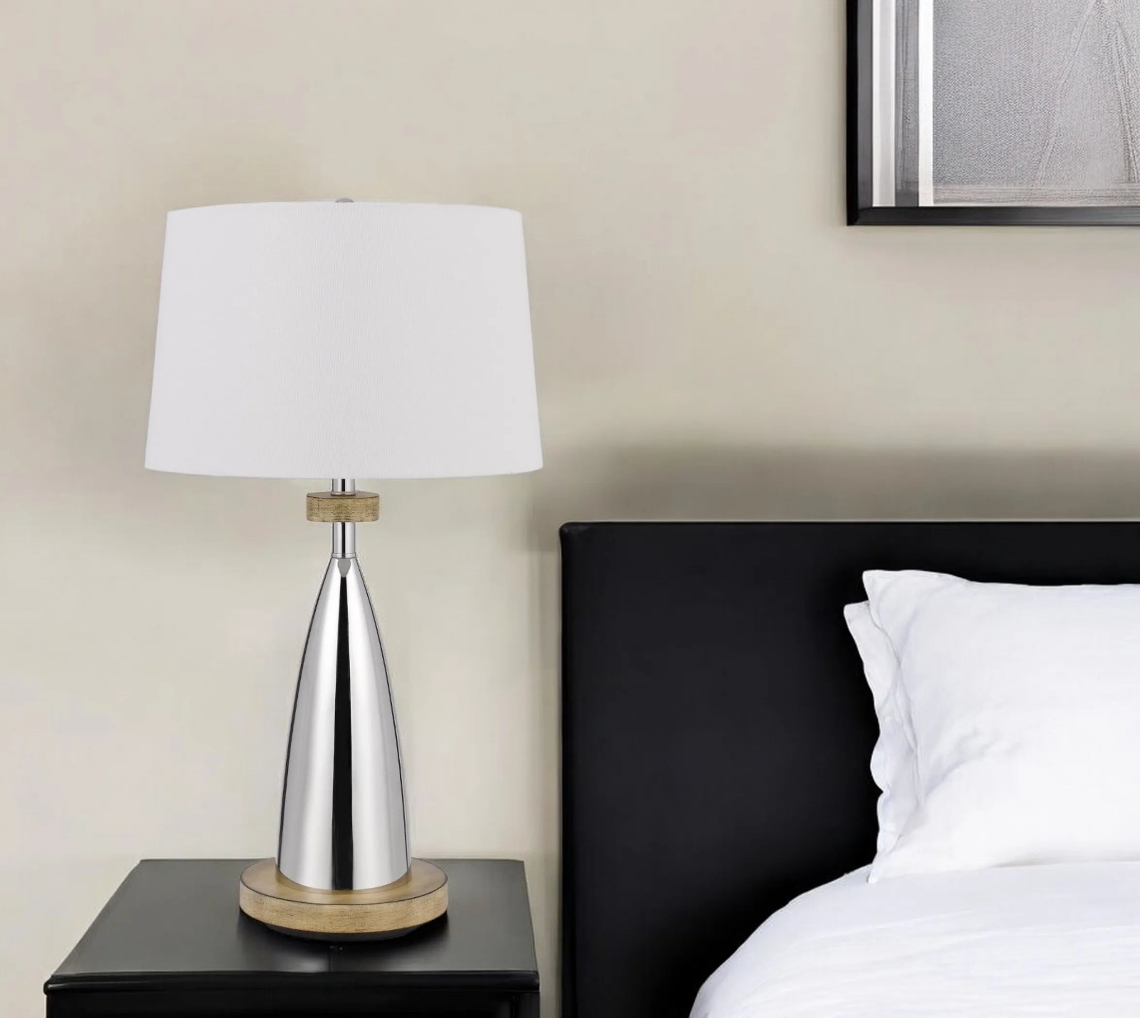31″ Brown Metal Geometric USB Table Lamp With White Empire Shade