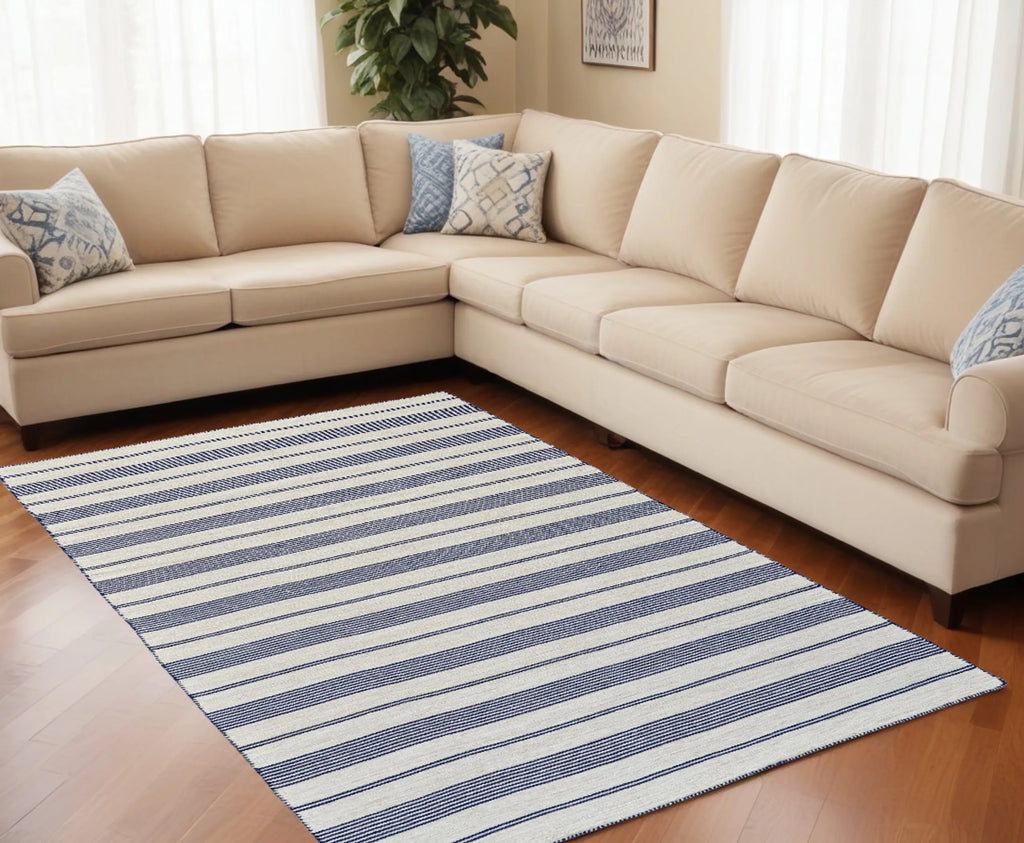8′ X 11′ Blue And Ivory Striped Dhurrie Hand Woven Stain Resistant Area Rug