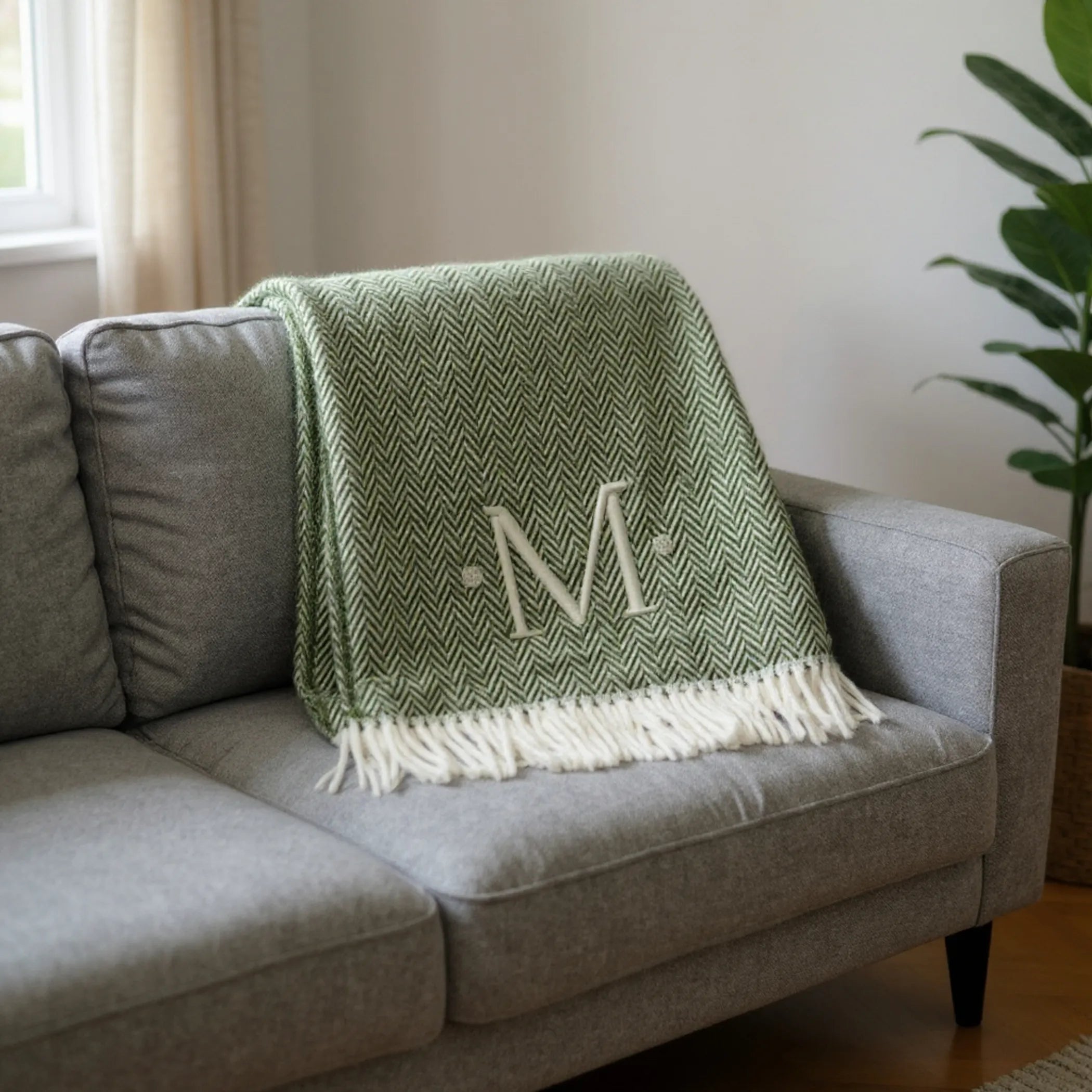 Herringbone Cotton Blend M Initial Throw Blanket with Tassels And Embroidery — view 2