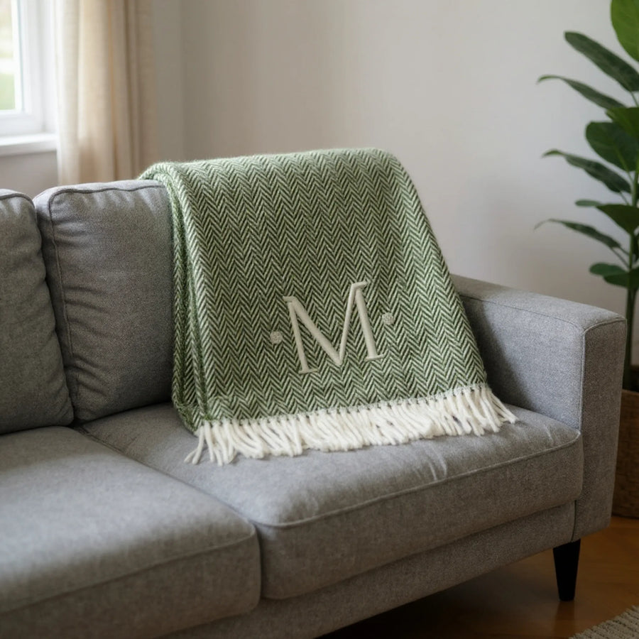 Herringbone Cotton Blend M Initial Throw Blanket with Tassels And Embroidery — view 2
