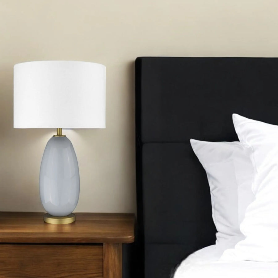 29″ Light Gray Glass Table Lamp With White Drum Shade