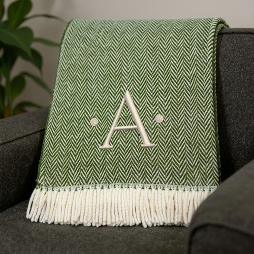 Herringbone Cotton Blend A Initial Throw Blanket with Tassels And Embroidery — view 2