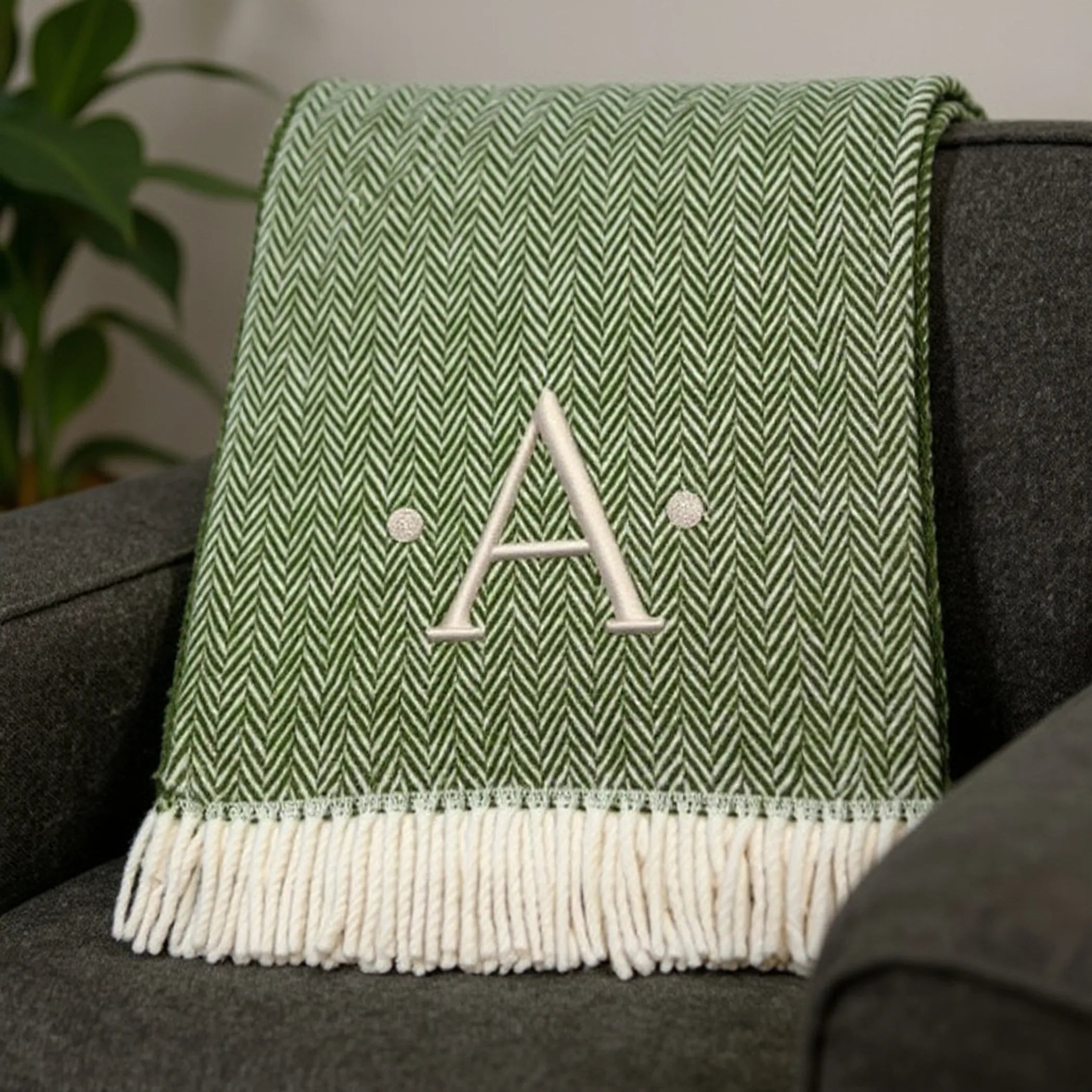 Herringbone Cotton Blend A Initial Throw Blanket with Tassels And Embroidery — view 2