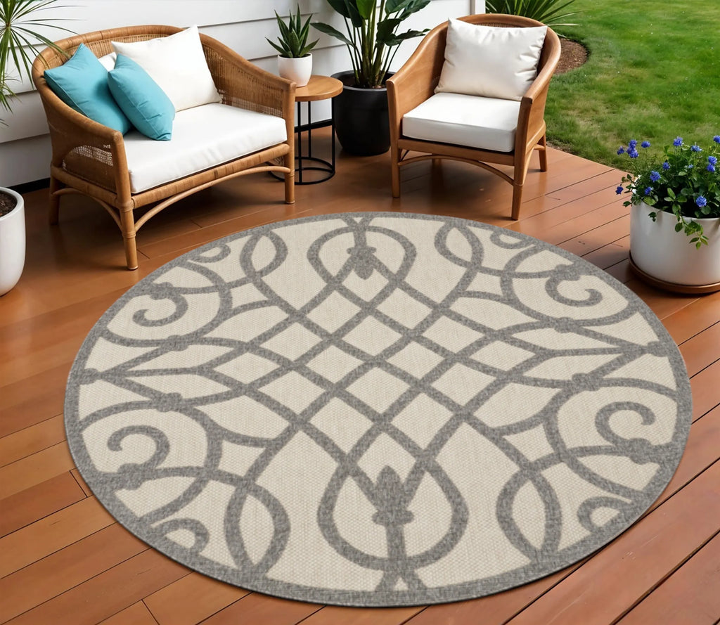 8′ Cream And Gray Round Trellis Indoor Outdoor Area Rug